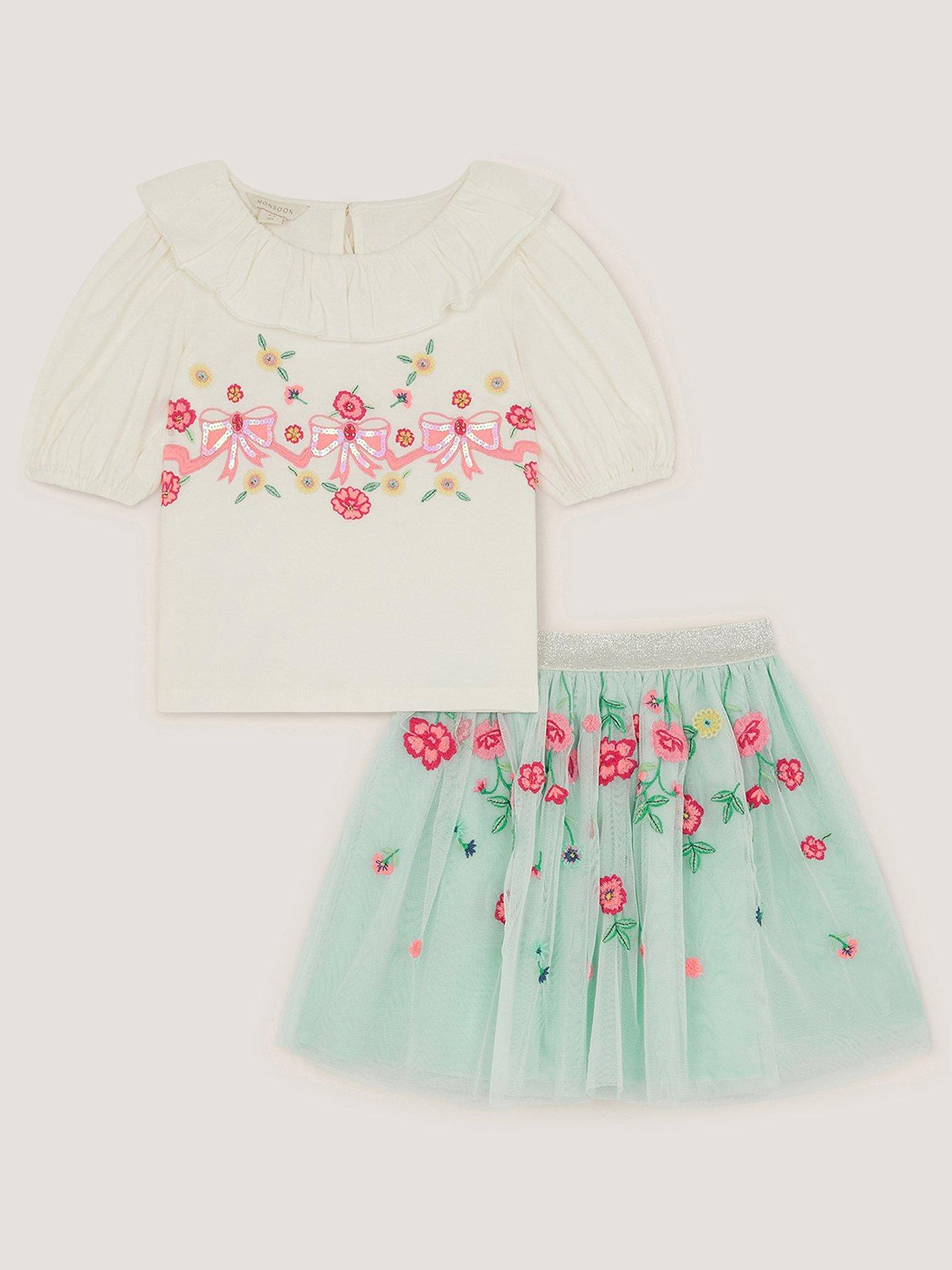 Image 1 of 3 of Monsoon Girls Bow Floral Top &amp; Disco Skirt Set - Multi