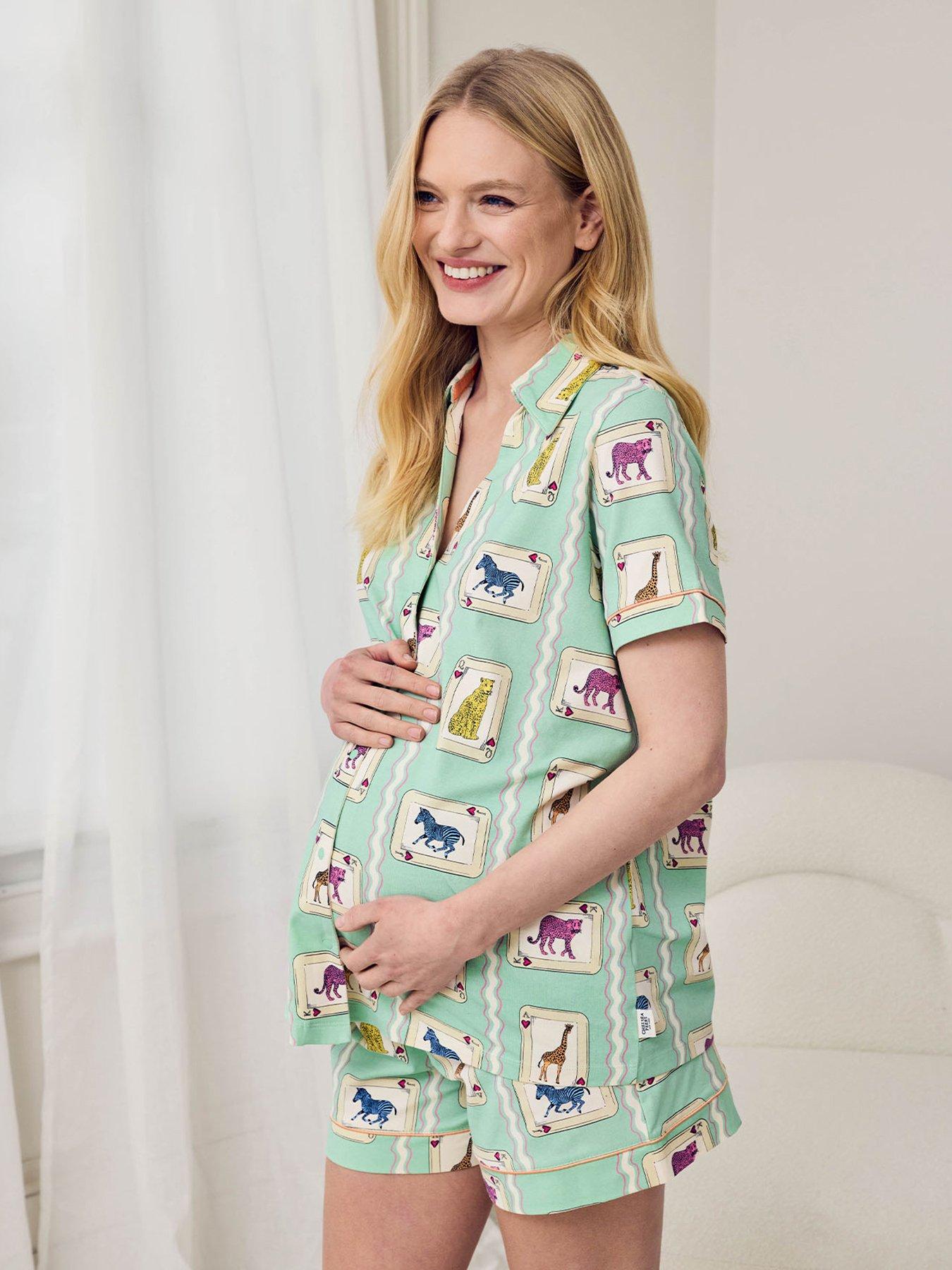 CHELSEA PEERS Maternity V Neck Button Up Short Set, Organic Cotton - Green