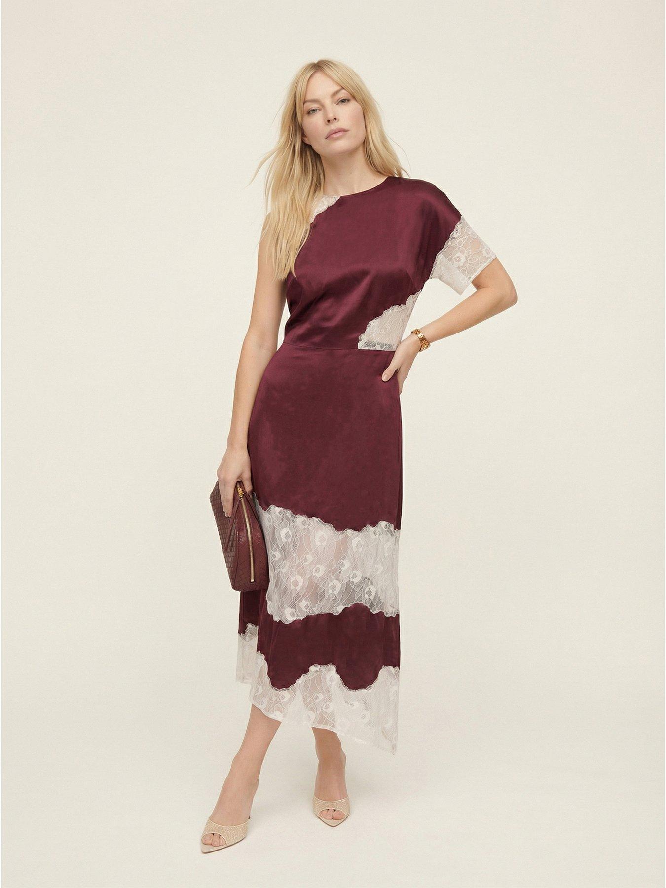 Lily & Lionel Selma Lace Insert Midi Dress In Burgundy And Ecru