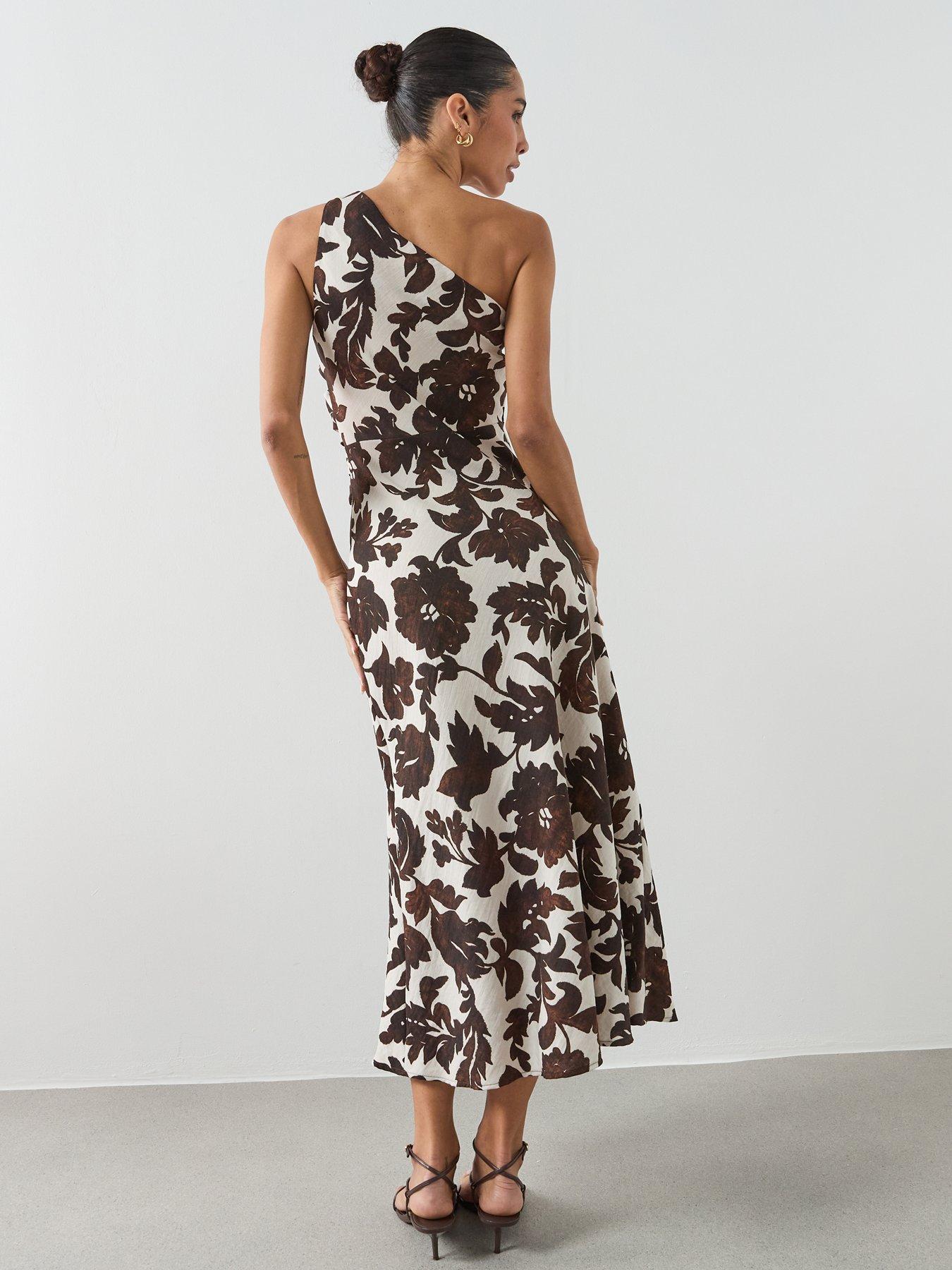Image 2 of 6 of Mango Asymmetrical Floral-Print Dress - Brown