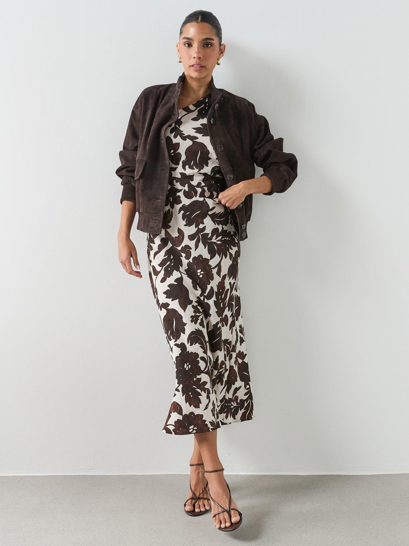 Image 3 of 6 of Mango Asymmetrical Floral-Print Dress - Brown
