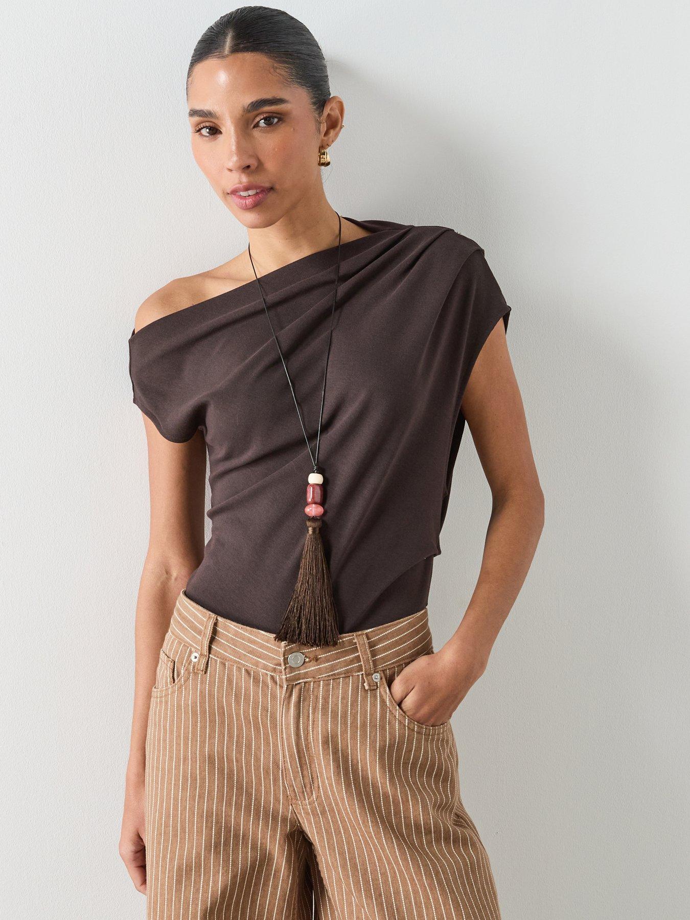 Image 1 of 6 of Mango Asymmetric Ruched Top - Brown