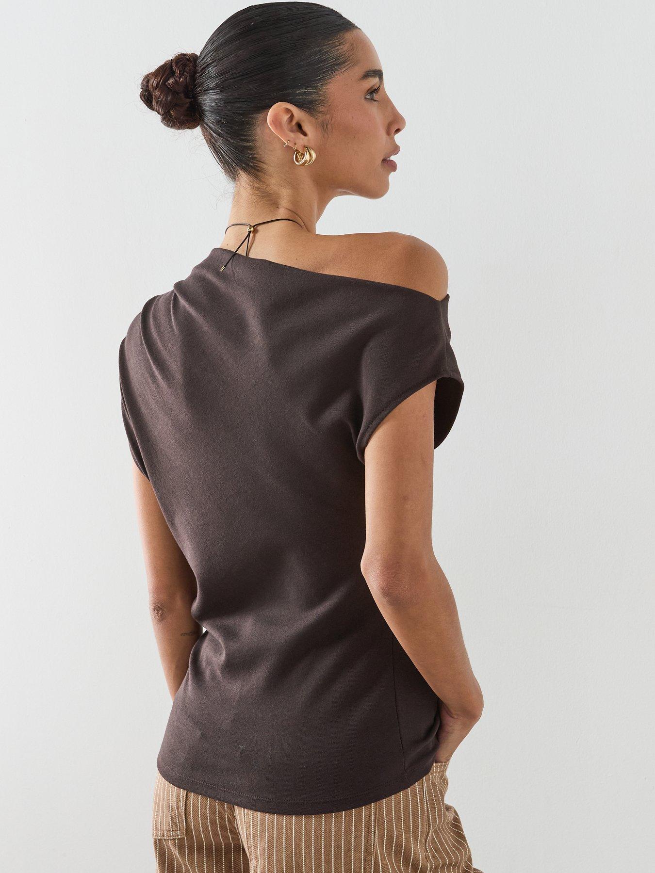 Image 2 of 6 of Mango Asymmetric Ruched Top - Brown