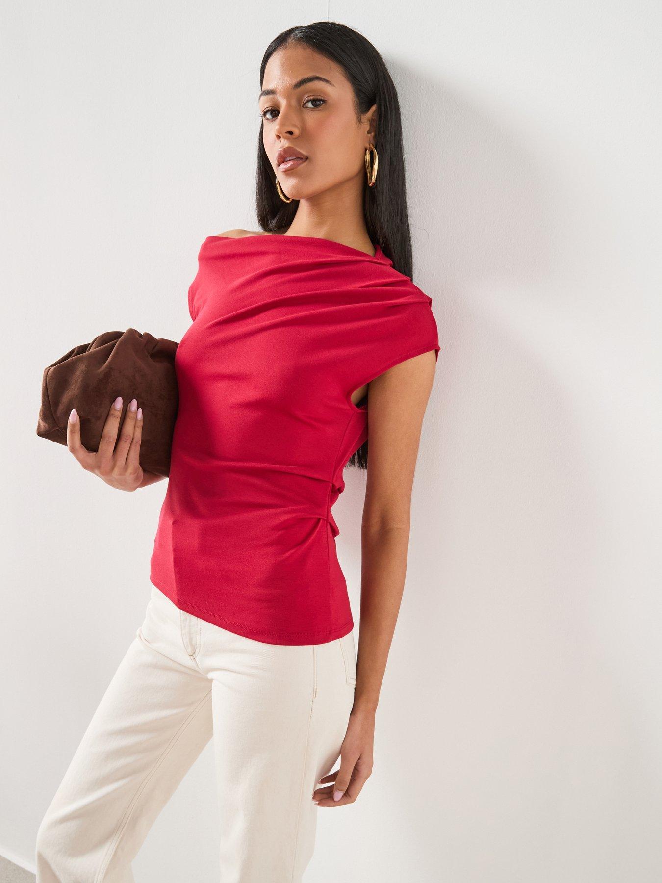 Image 1 of 6 of Mango Asymmetric Ruched Top - Red