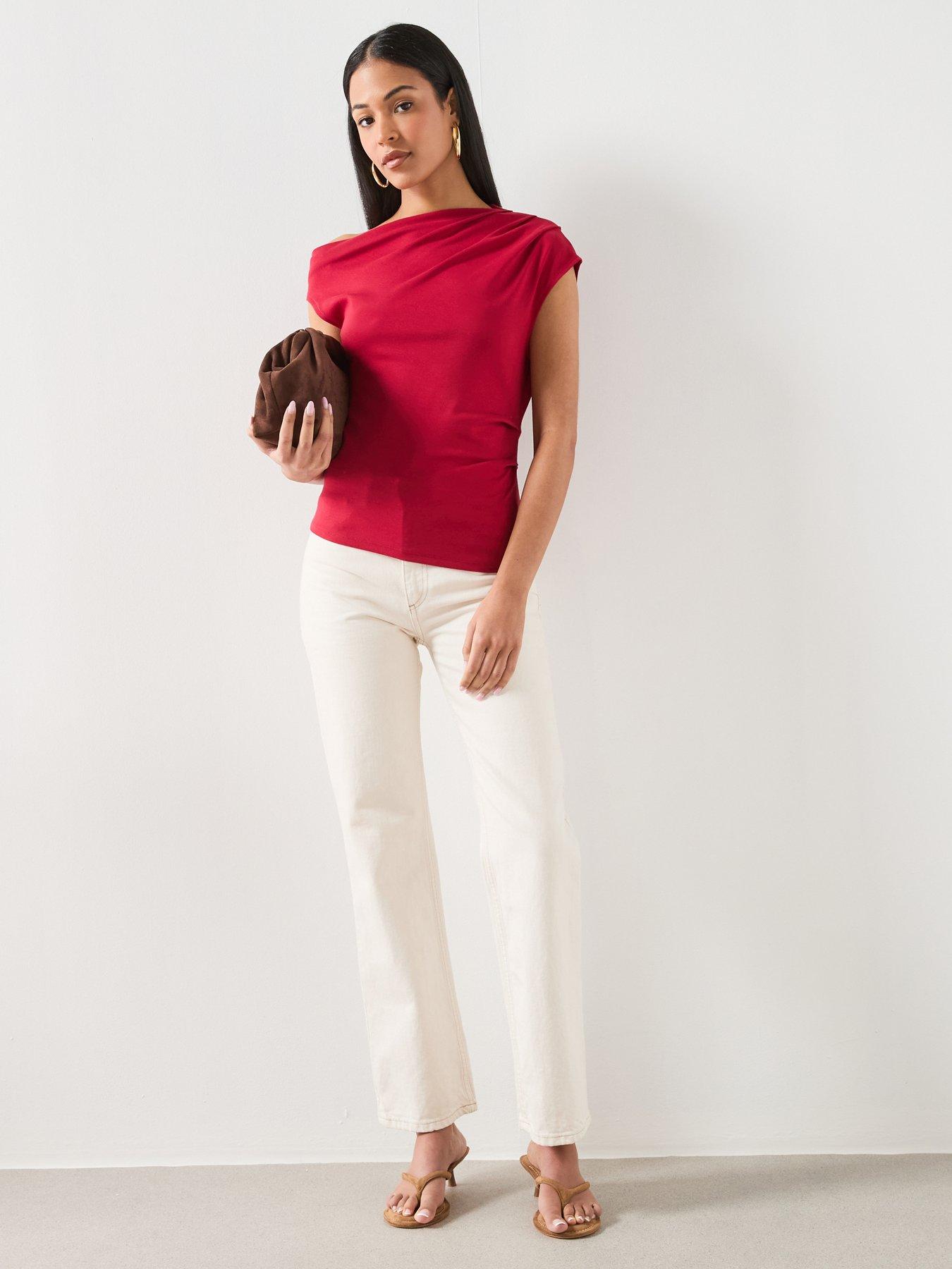 Image 3 of 6 of Mango Asymmetric Ruched Top - Red