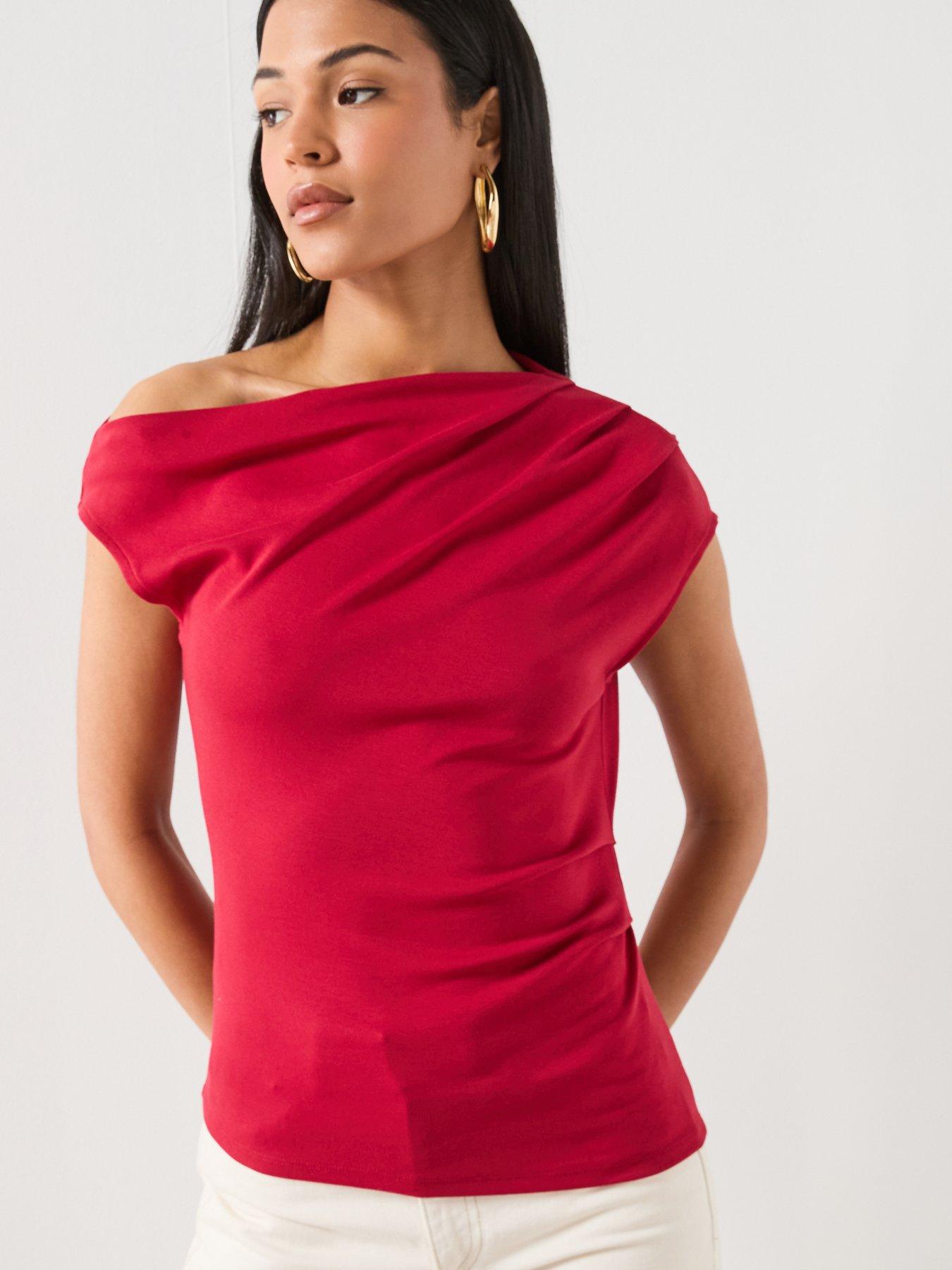 Image 5 of 6 of Mango Asymmetric Ruched Top - Red