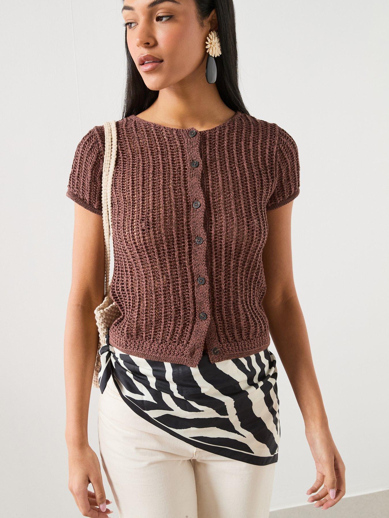 Image 1 of 6 of Mango Short-sleeved Crochet Cardigan - Brown