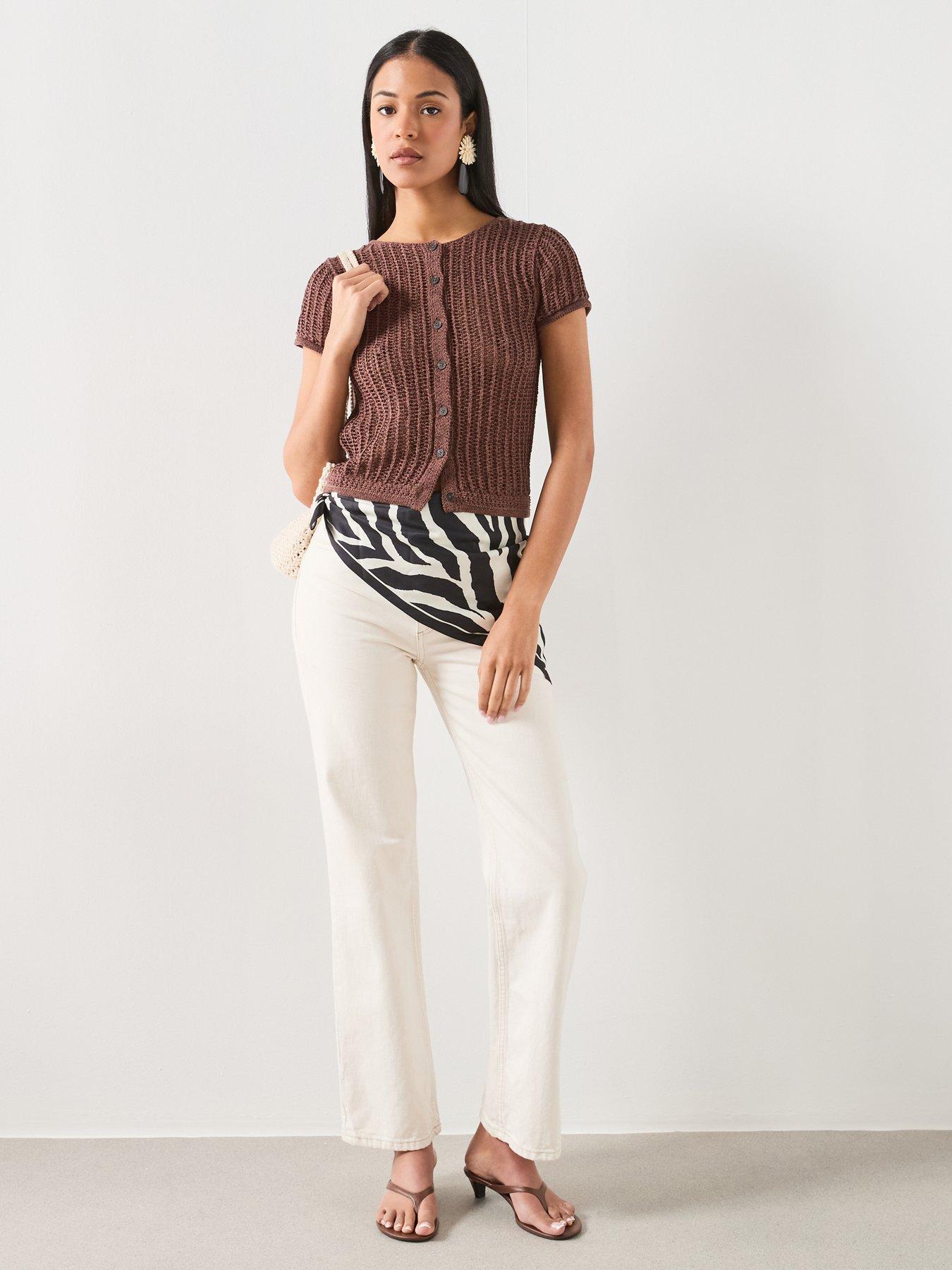 Image 3 of 6 of Mango Short-sleeved Crochet Cardigan - Brown