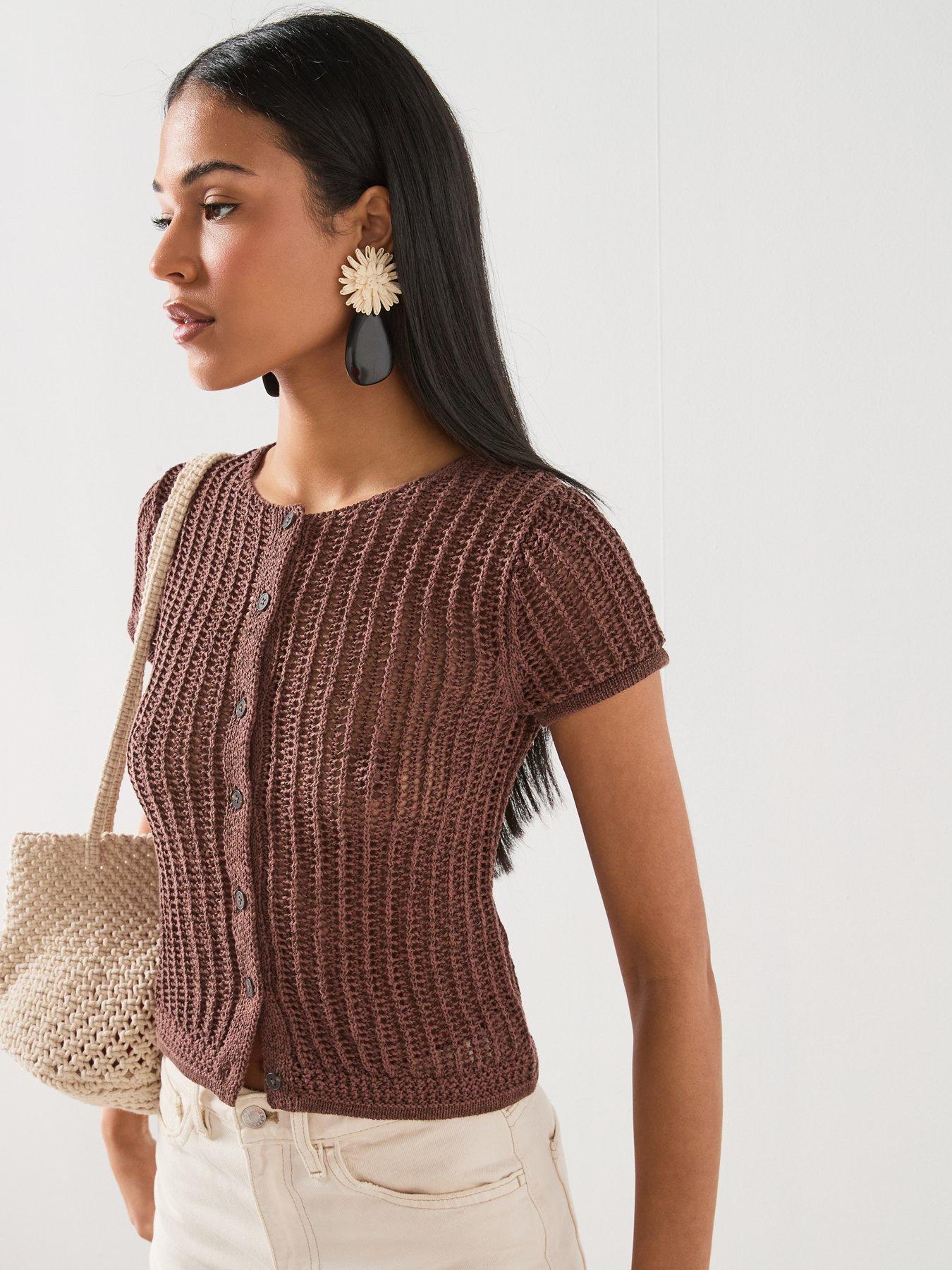 Image 5 of 6 of Mango Short-sleeved Crochet Cardigan - Brown