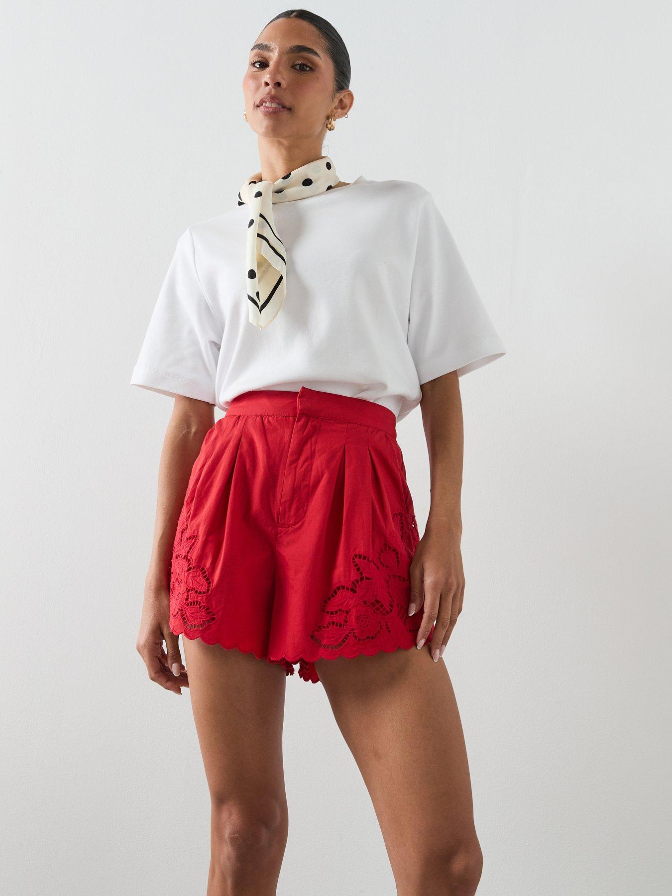 Image 4 of 6 of Mango Embroidered Openwork Shorts - Red
