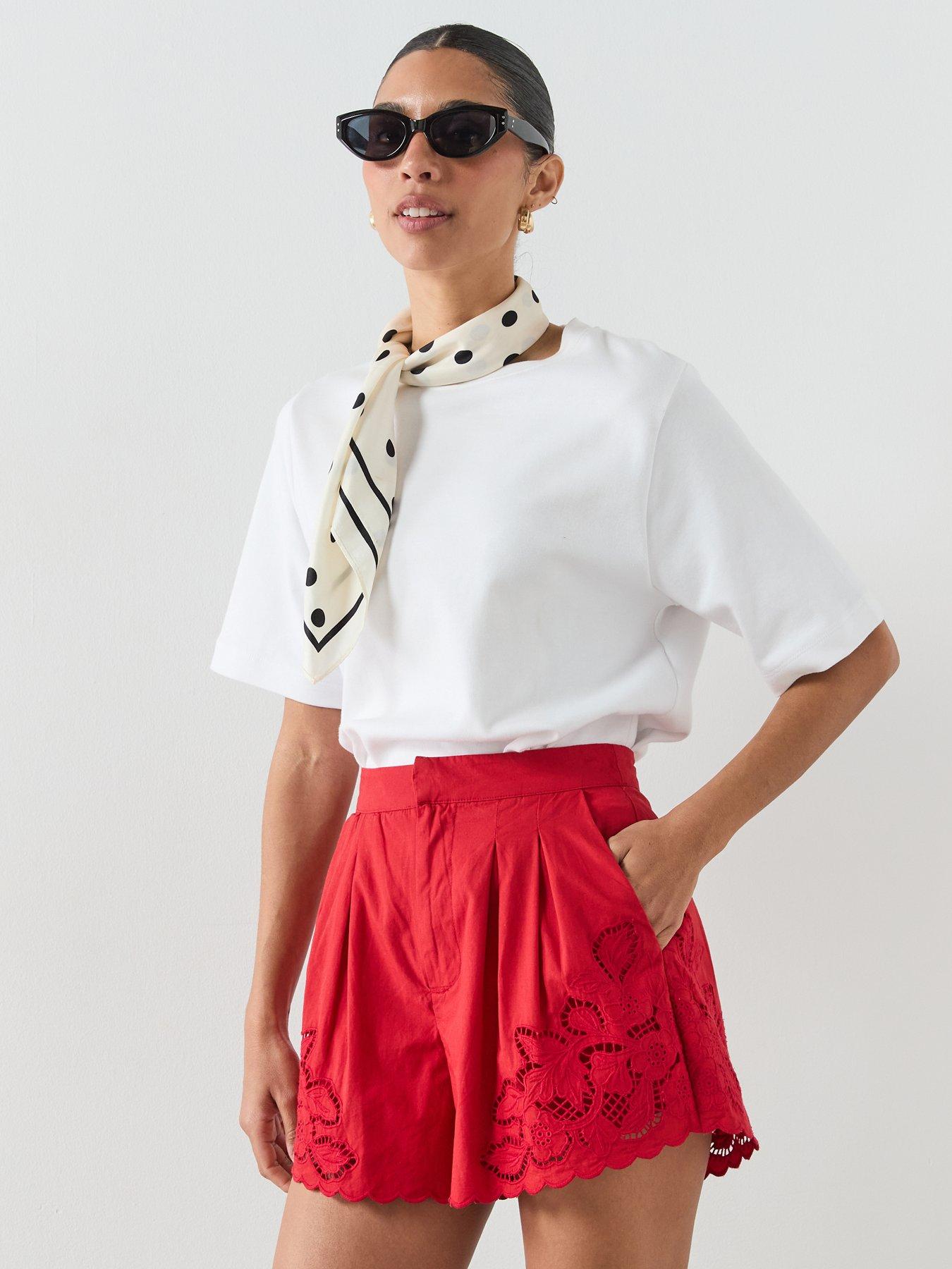 Image 5 of 6 of Mango Embroidered Openwork Shorts - Red