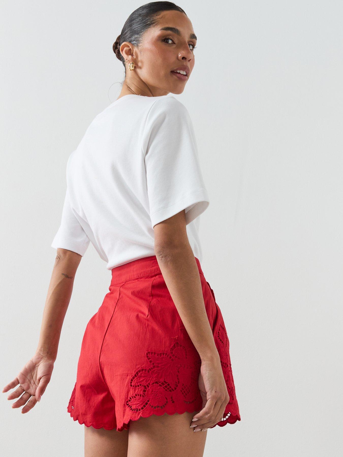 Image 6 of 6 of Mango Embroidered Openwork Shorts - Red