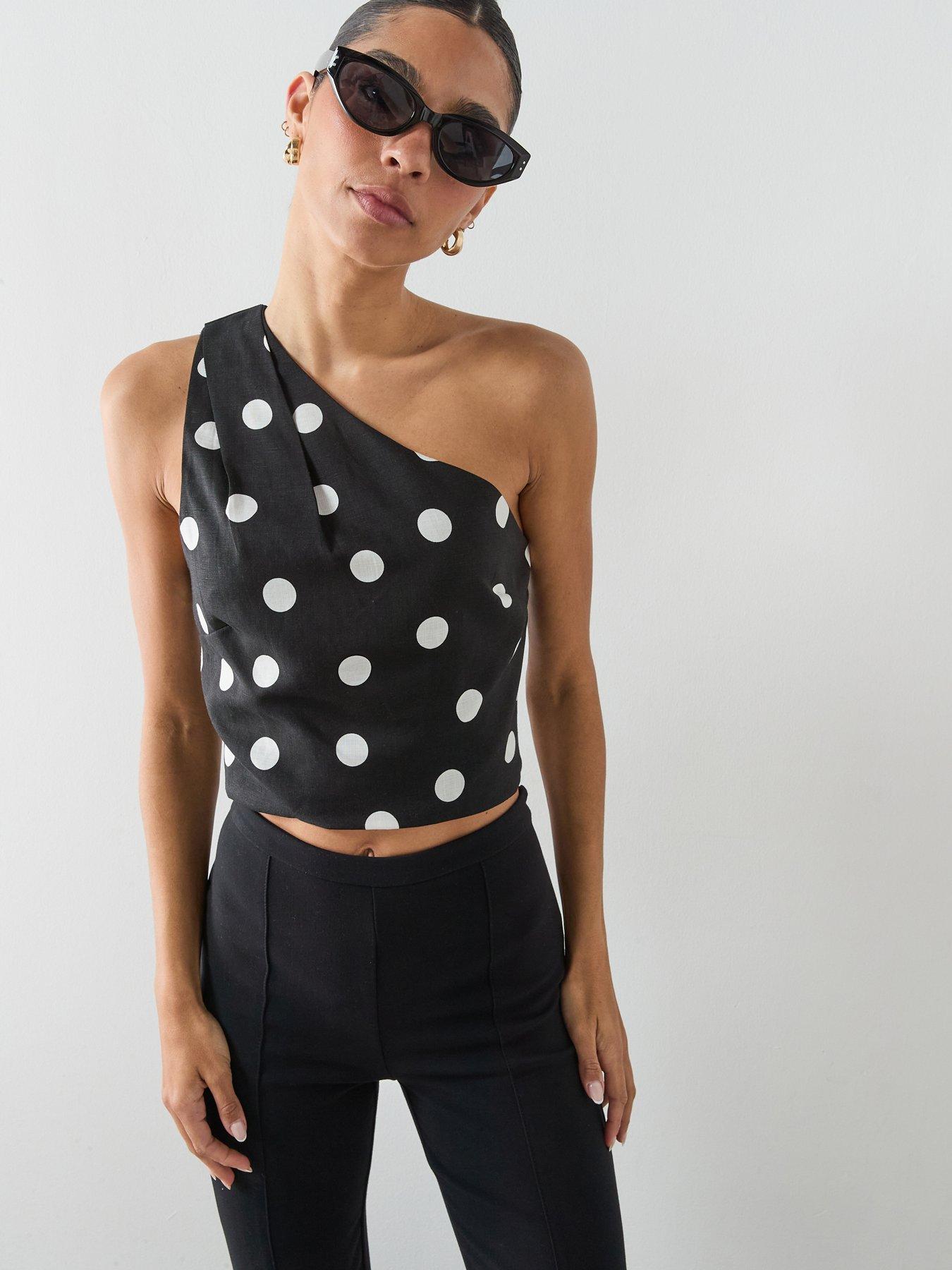 Image 1 of 6 of Mango Asymmetric Polka Dot Top - Black