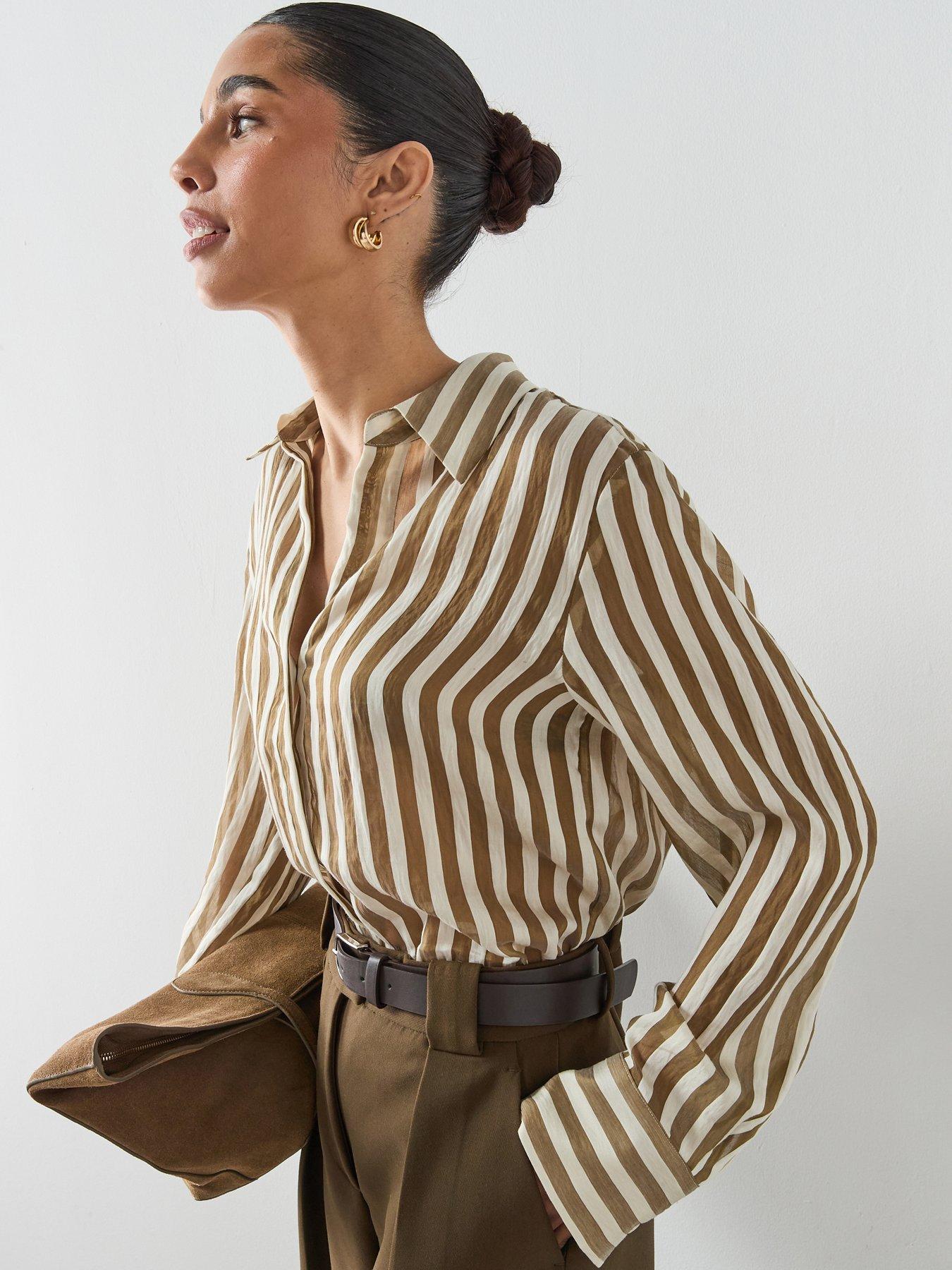 Image 1 of 6 of Mango Semi-Transparent Striped Lyocell Shirt - Khaki