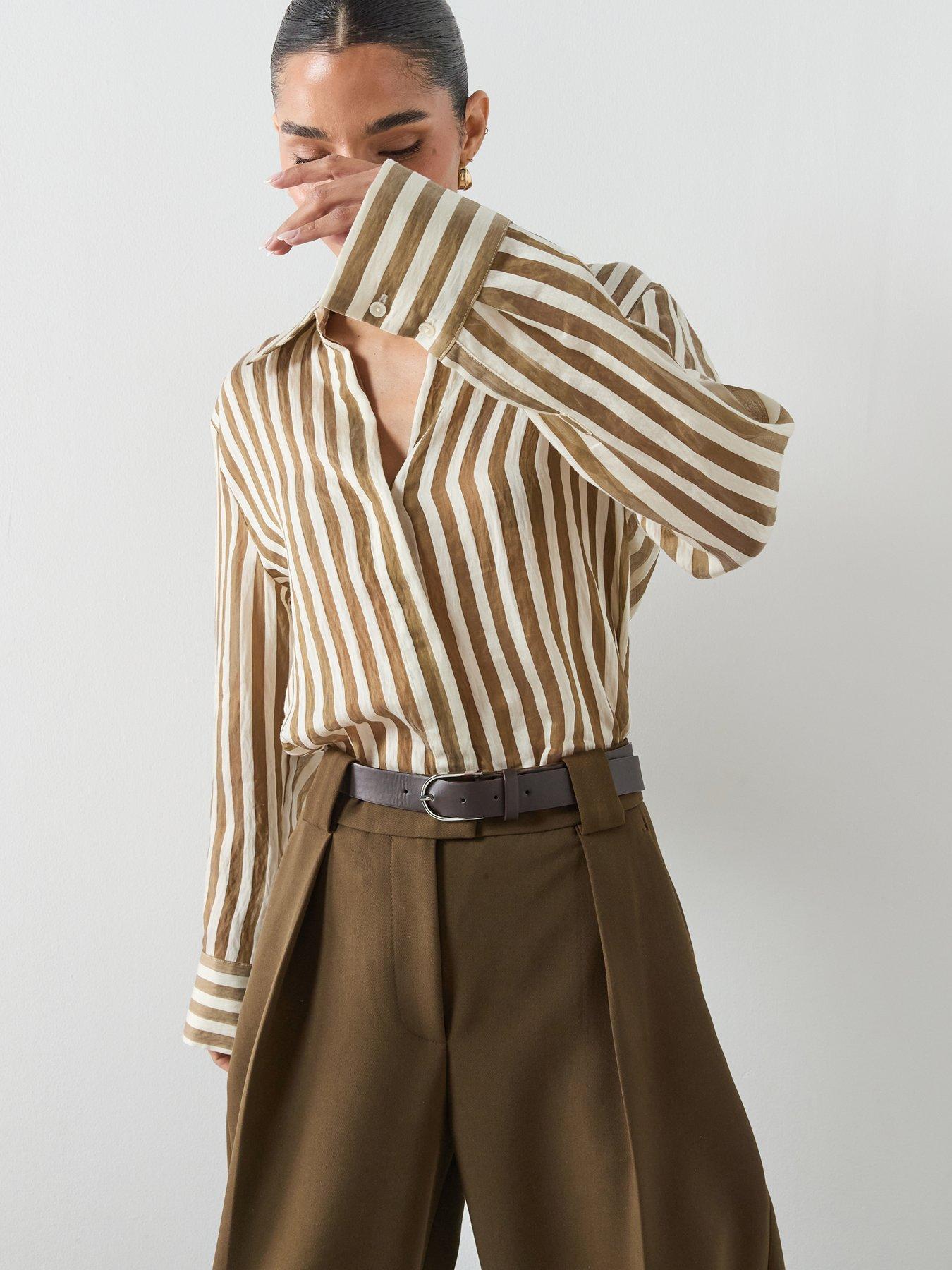 Image 5 of 6 of Mango Semi-Transparent Striped Lyocell Shirt - Khaki
