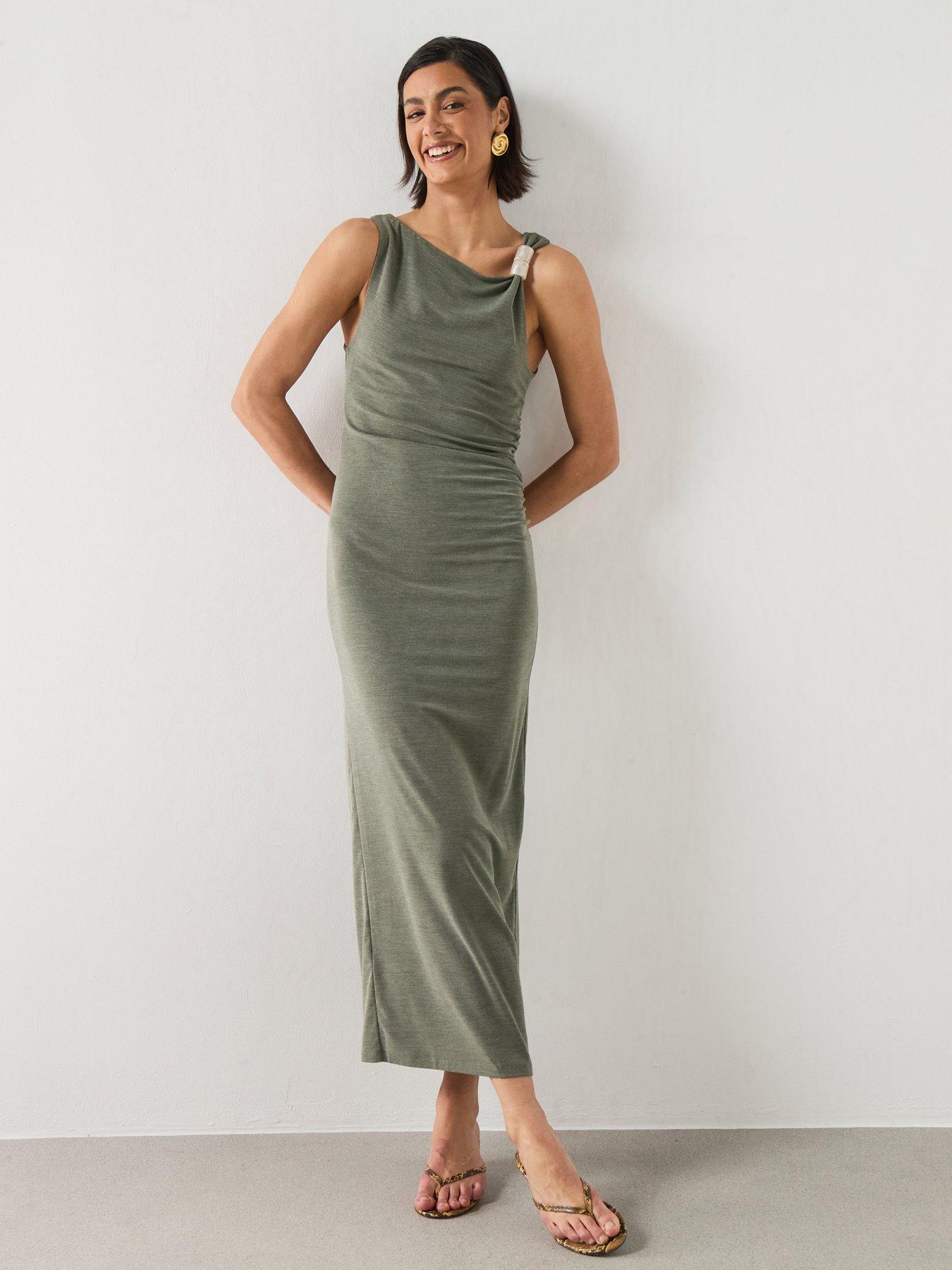 Image 1 of 6 of Mango Fitted Dress With Metal Detail - Green