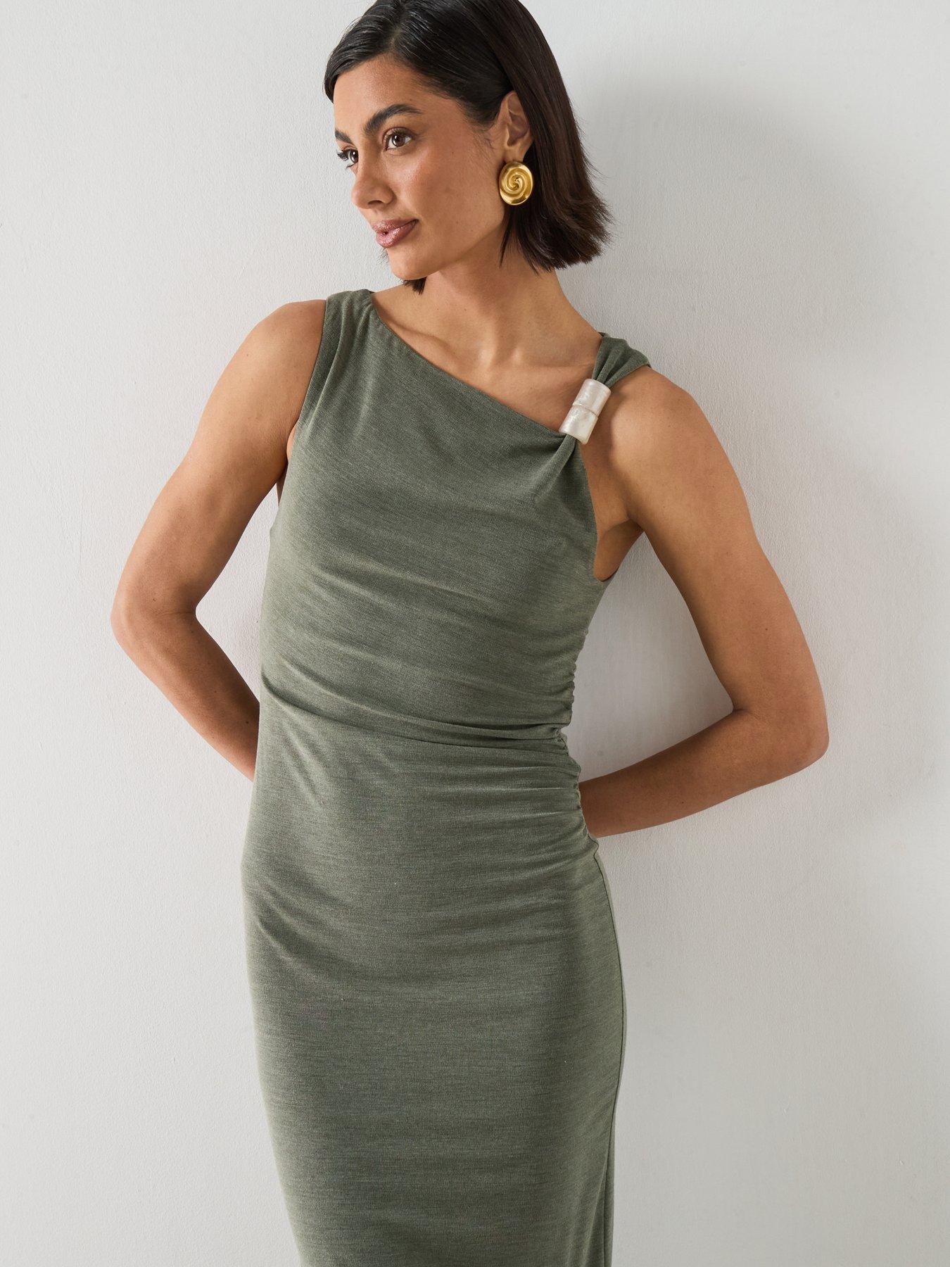 Image 3 of 6 of Mango Fitted Dress With Metal Detail - Green