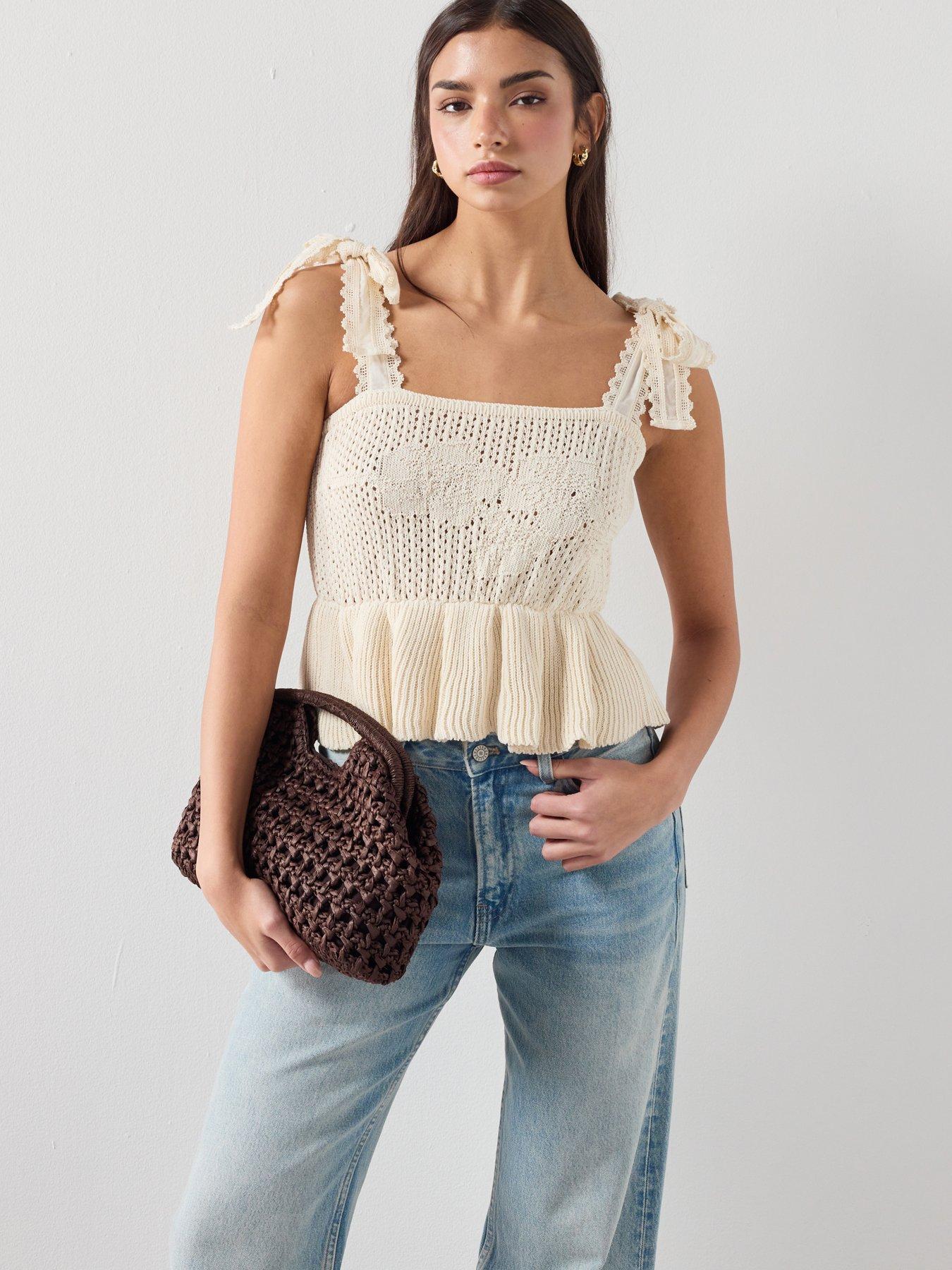 Mango Openwork Knitted Top With Bows - Cream