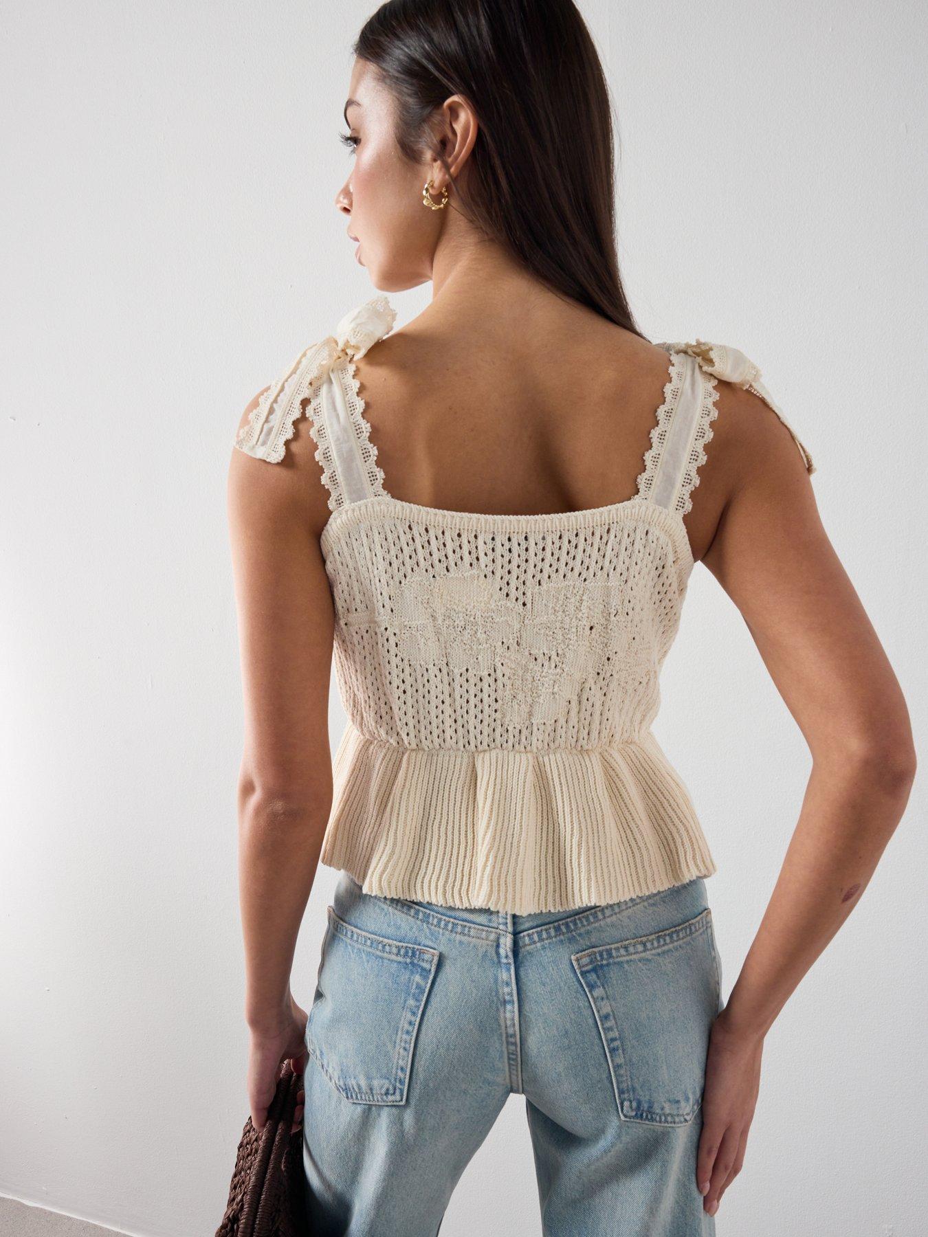 Image 2 of 6 of Mango Openwork Knitted Top With Bows - Cream - Beige