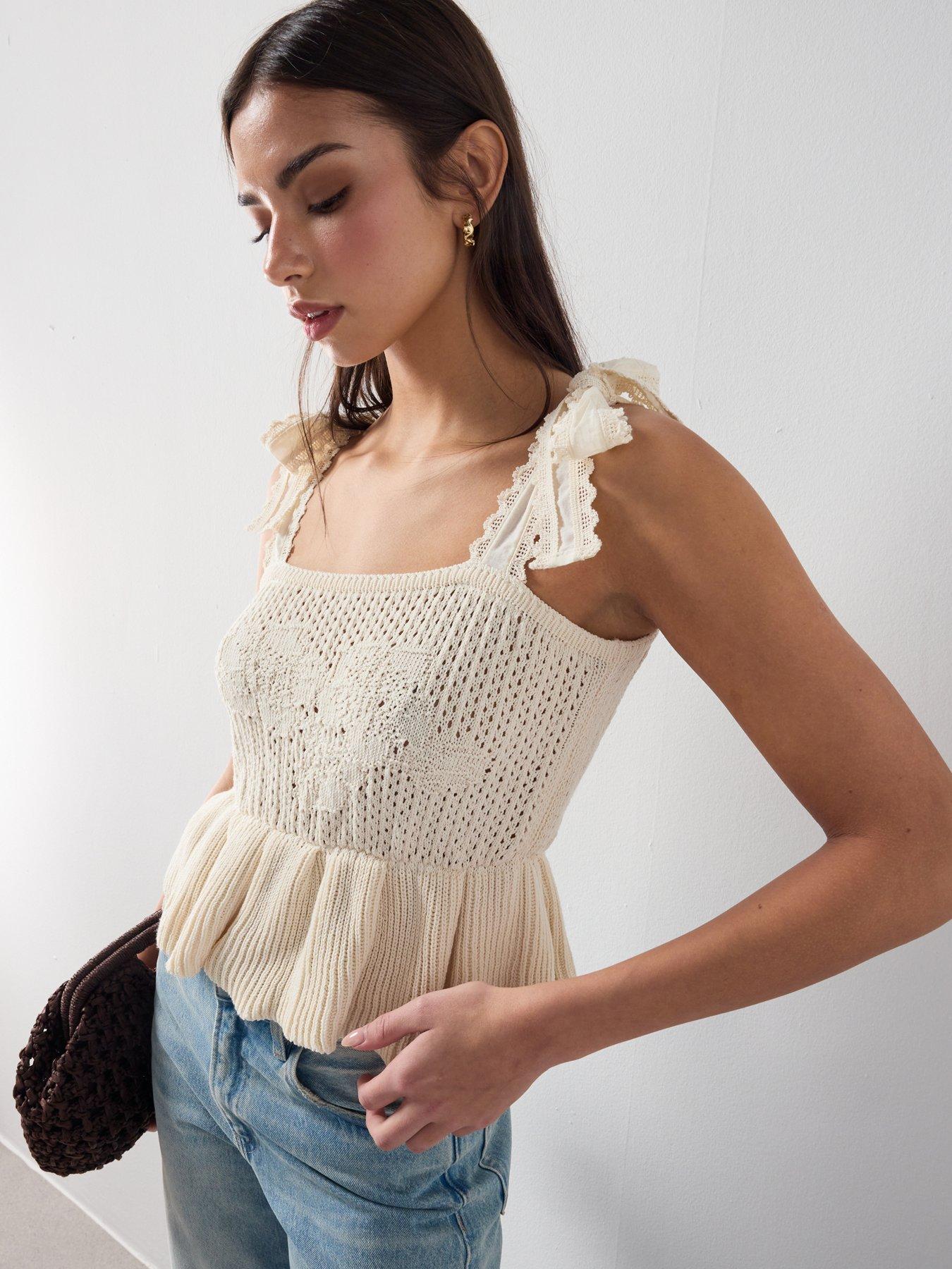 Image 6 of 6 of Mango Openwork Knitted Top With Bows - Cream - Beige