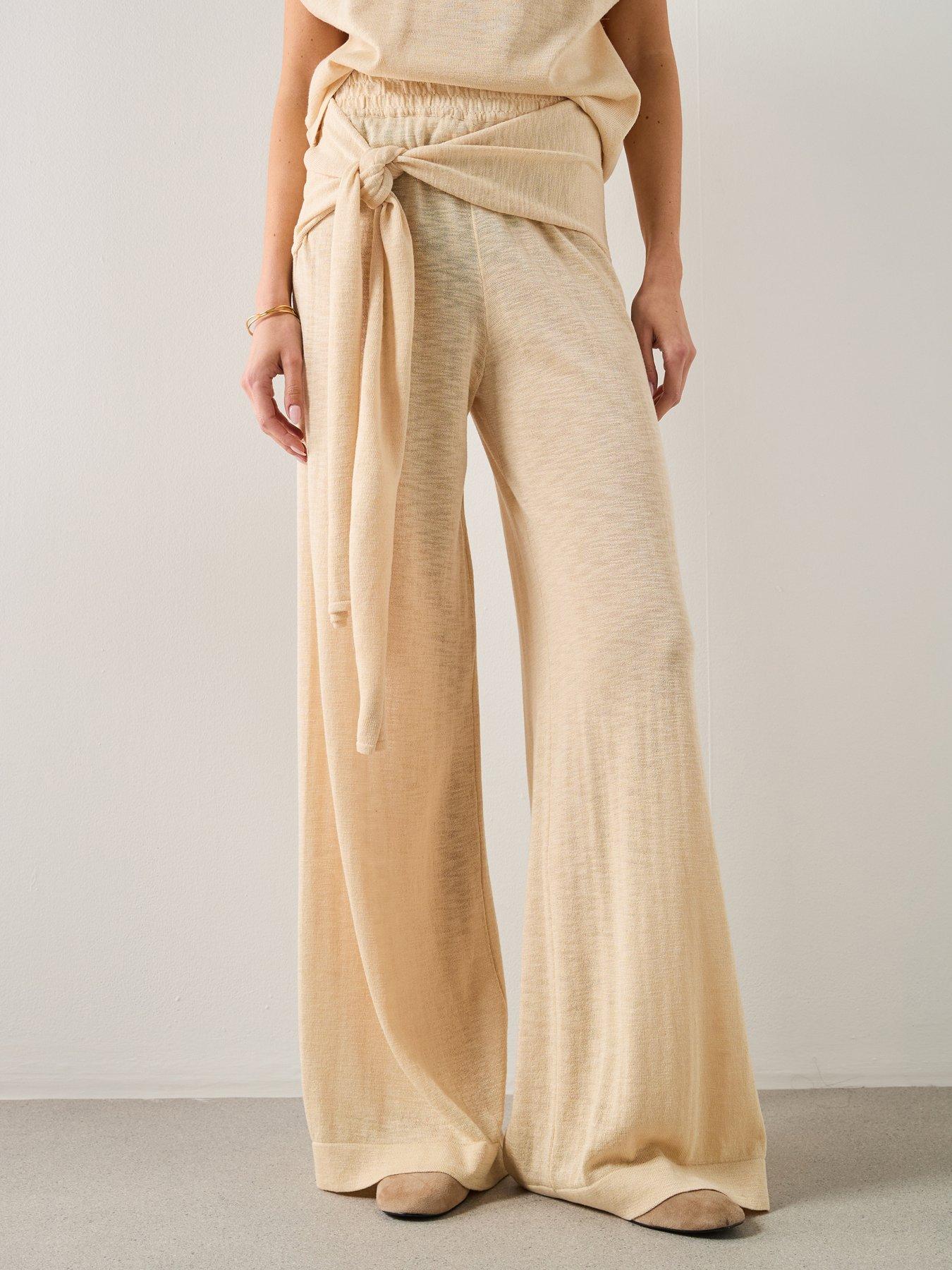 Mango Fine Knit Co-ord Trousers With Knot Detail - Cream  - Beige