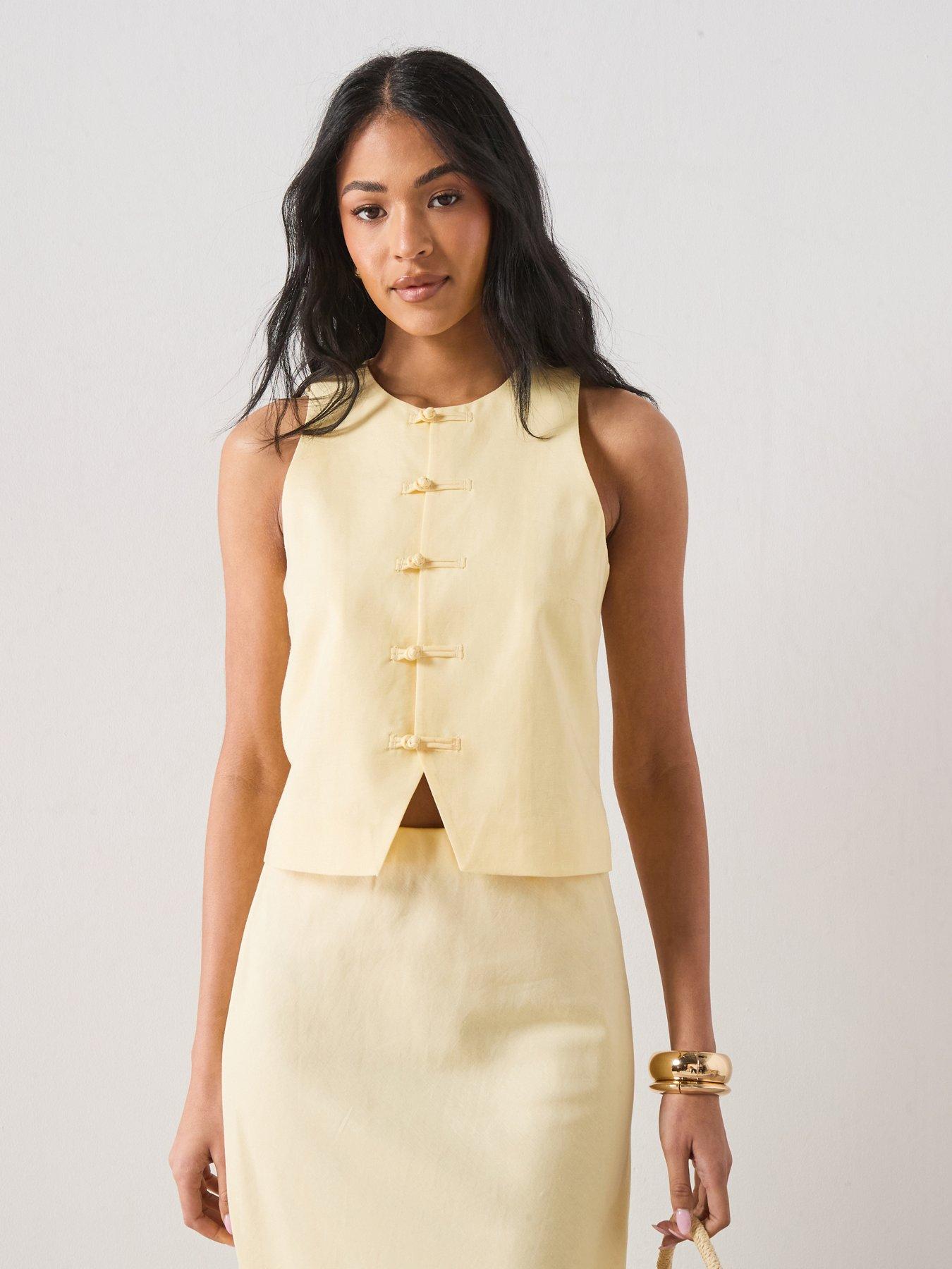 Image 1 of 6 of Mango Linen Toggle Co-ord Waistcoat - Yellow
