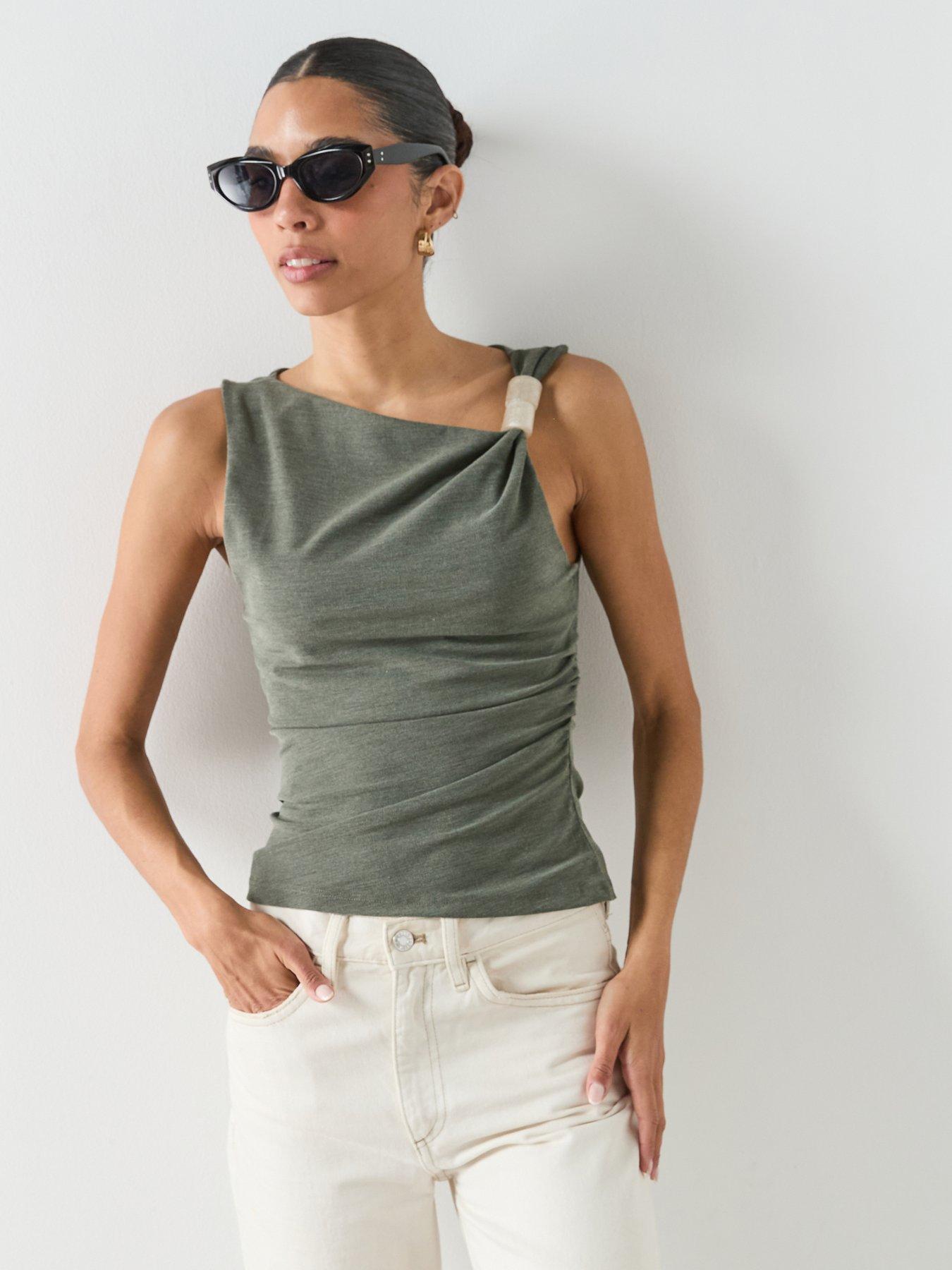 Image 1 of 6 of Mango Asymmetric Ruched Top - Green