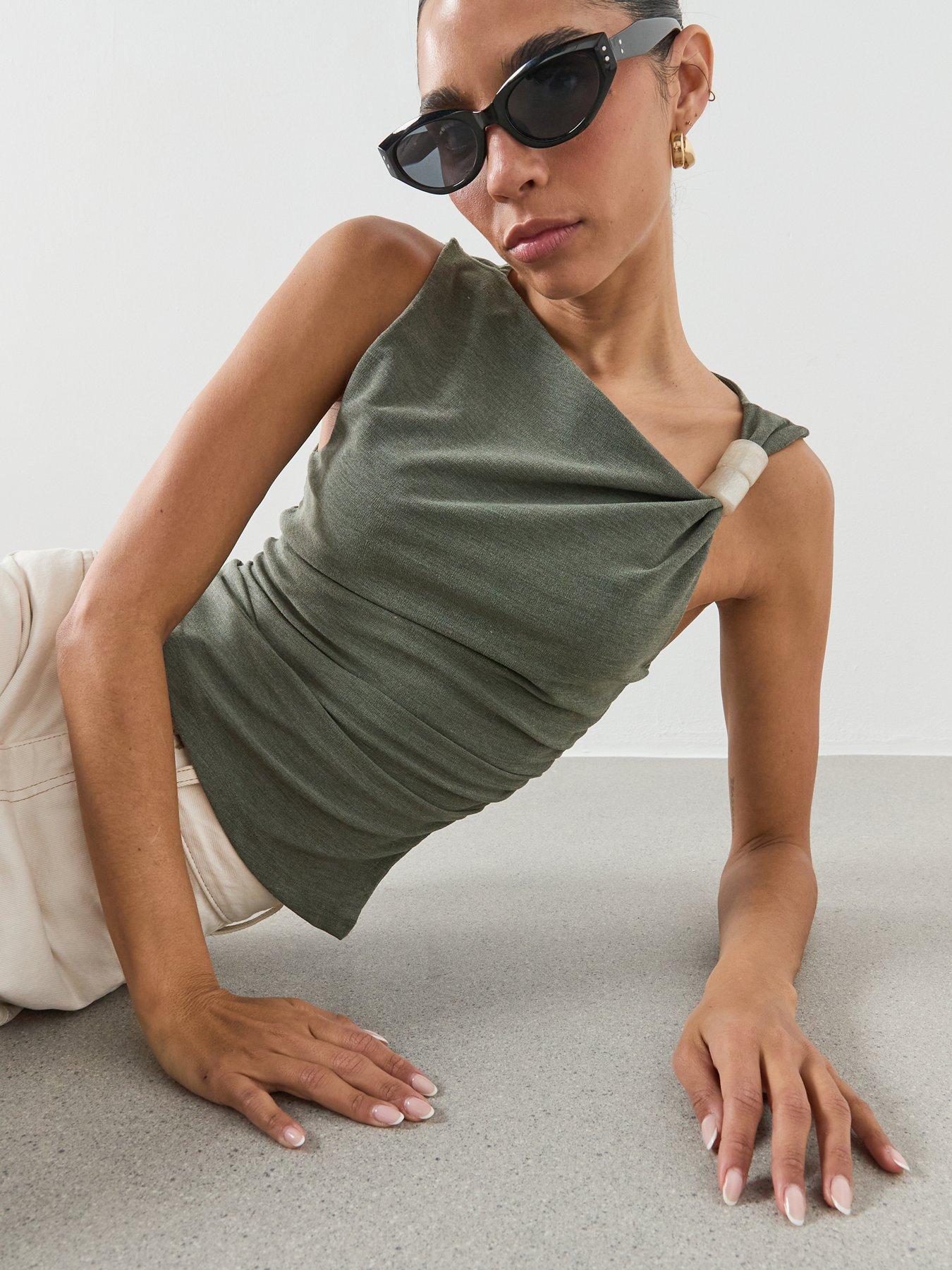 Image 5 of 6 of Mango Asymmetric Ruched Top - Green