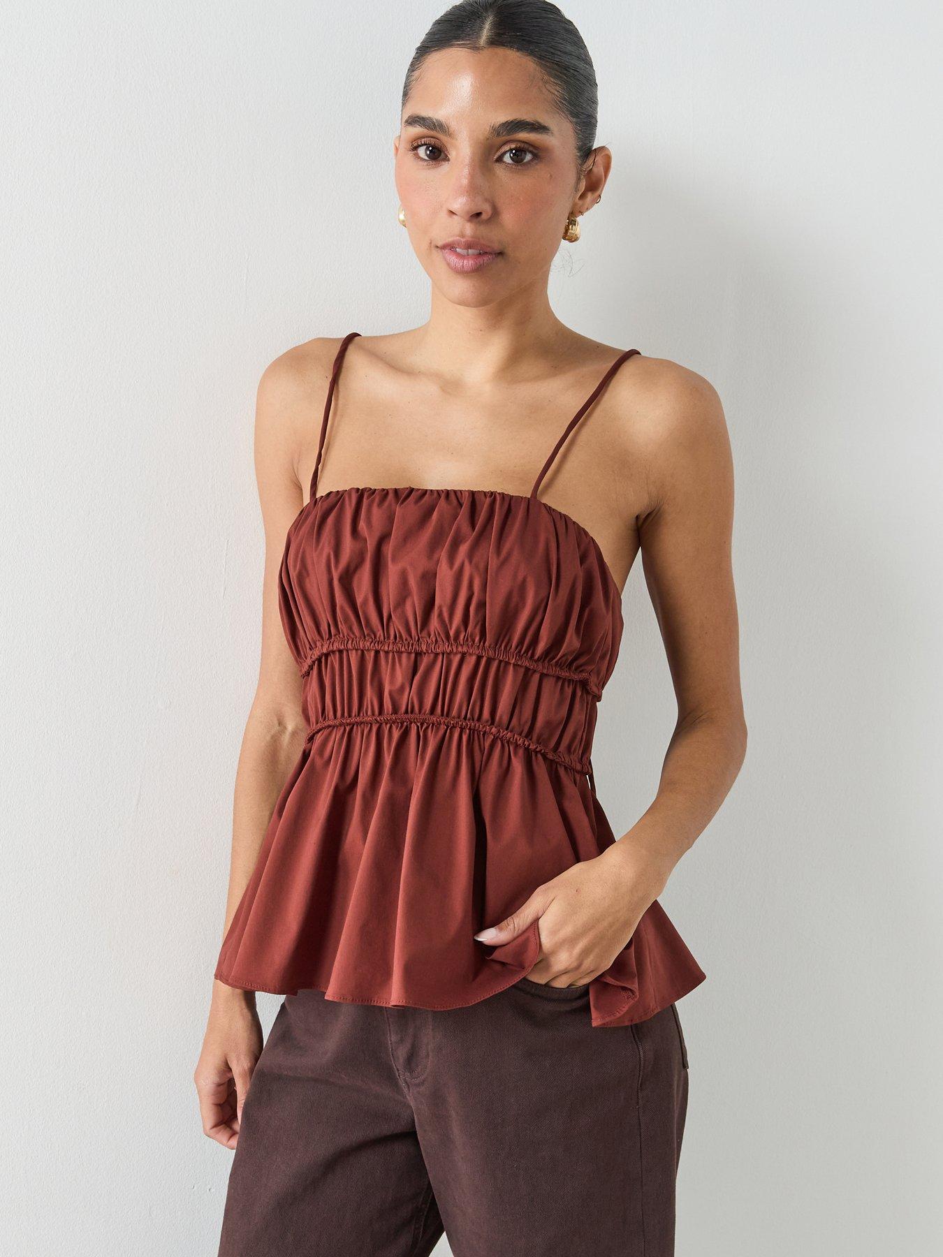 Mango Ruched Cotton Top - Brown