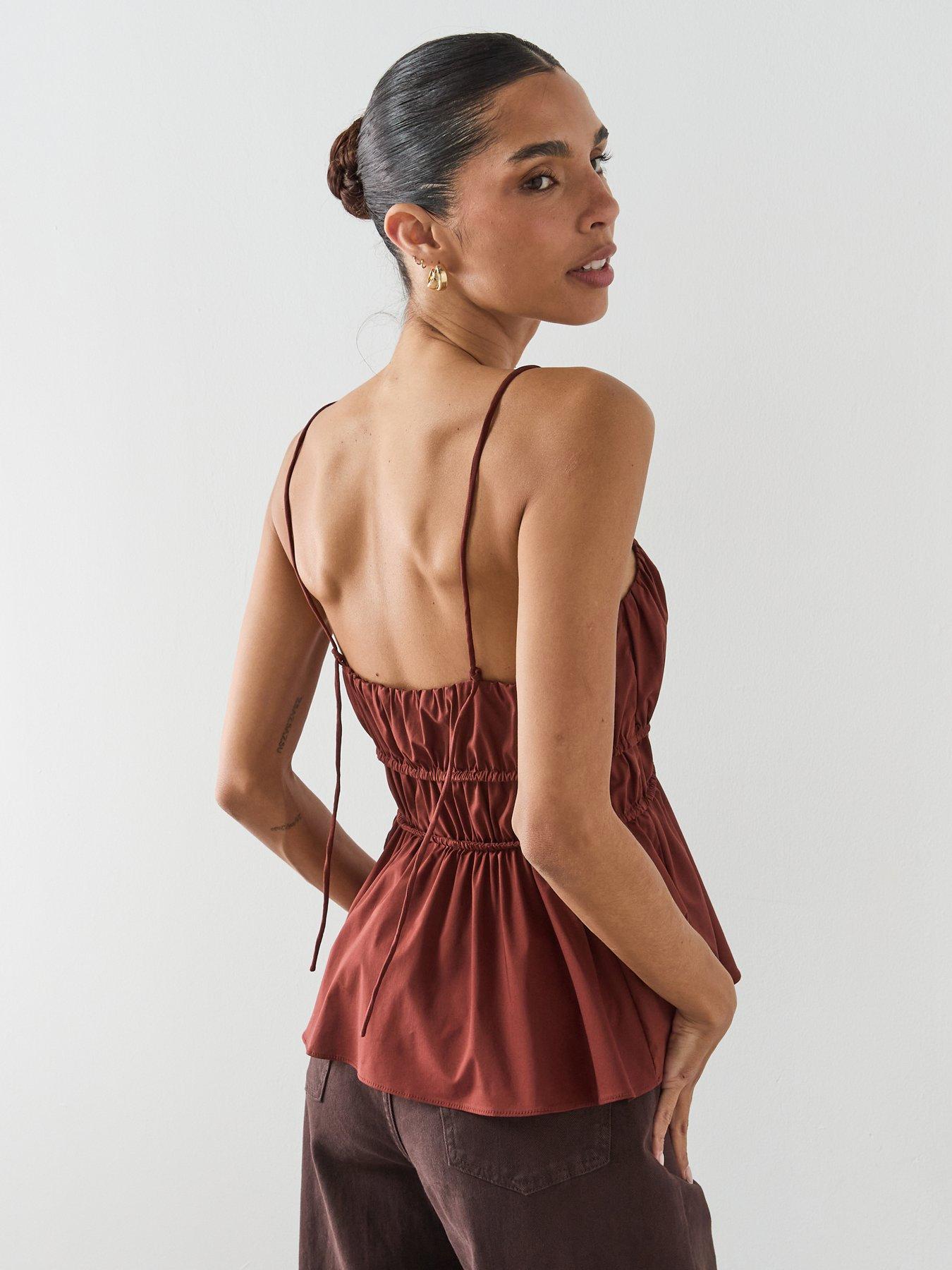 mango-ruched-cotton-co-ord-top-brownstillFront