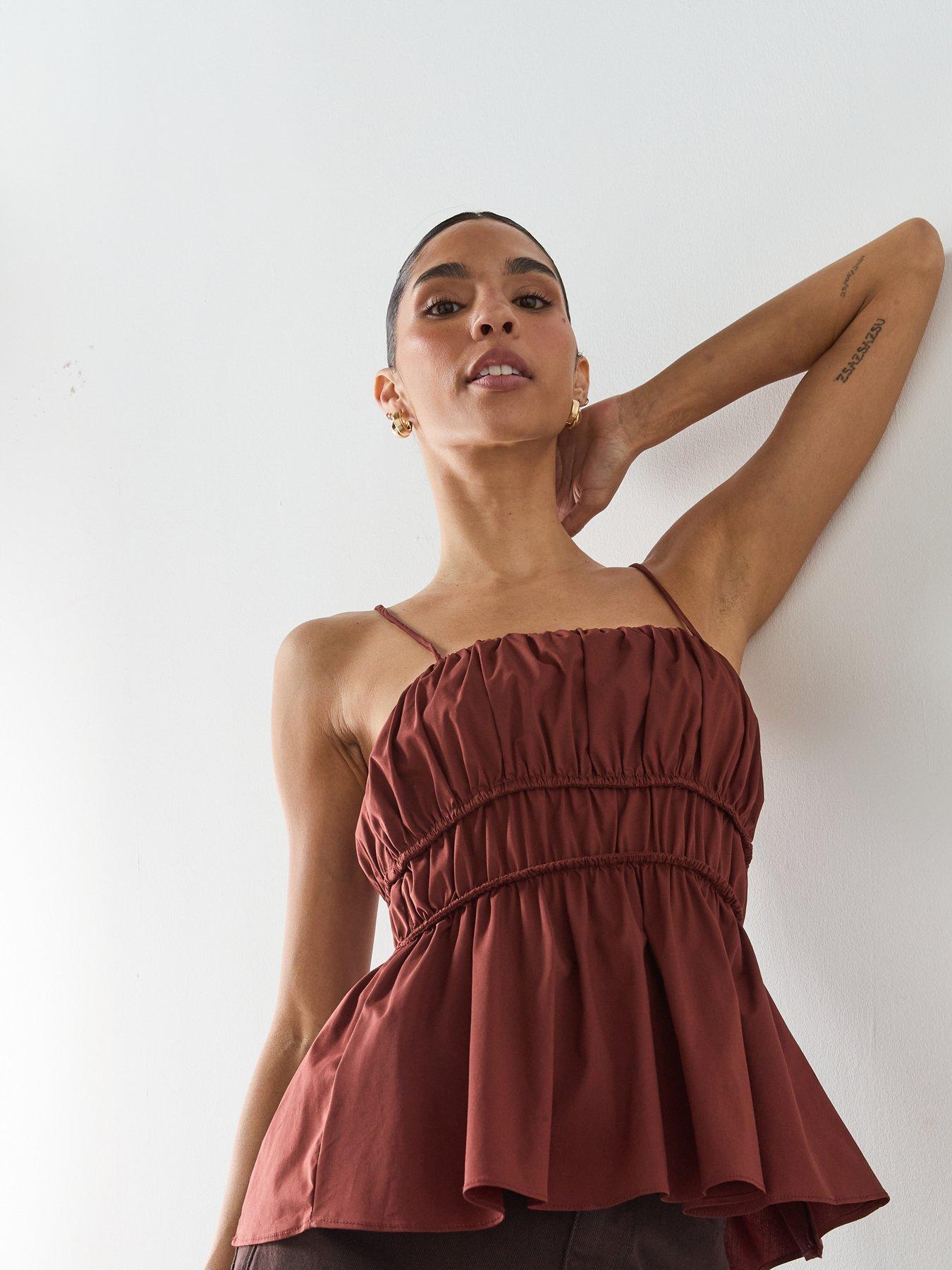 mango-ruched-cotton-co-ord-top-browndetail