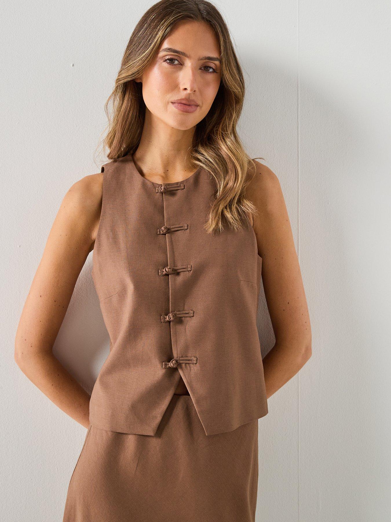 Mango Linen Co-ord Toggle Waistcoat - Brown