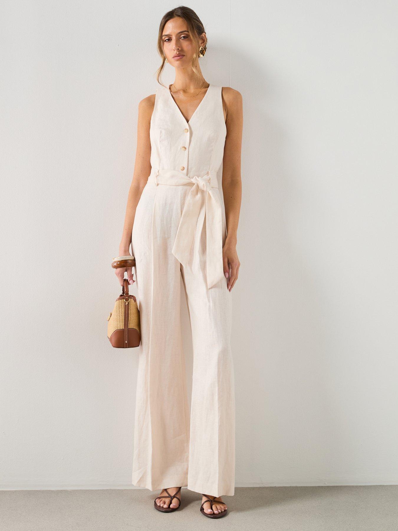 Mango Belt Linen Jumpsuit - Cream