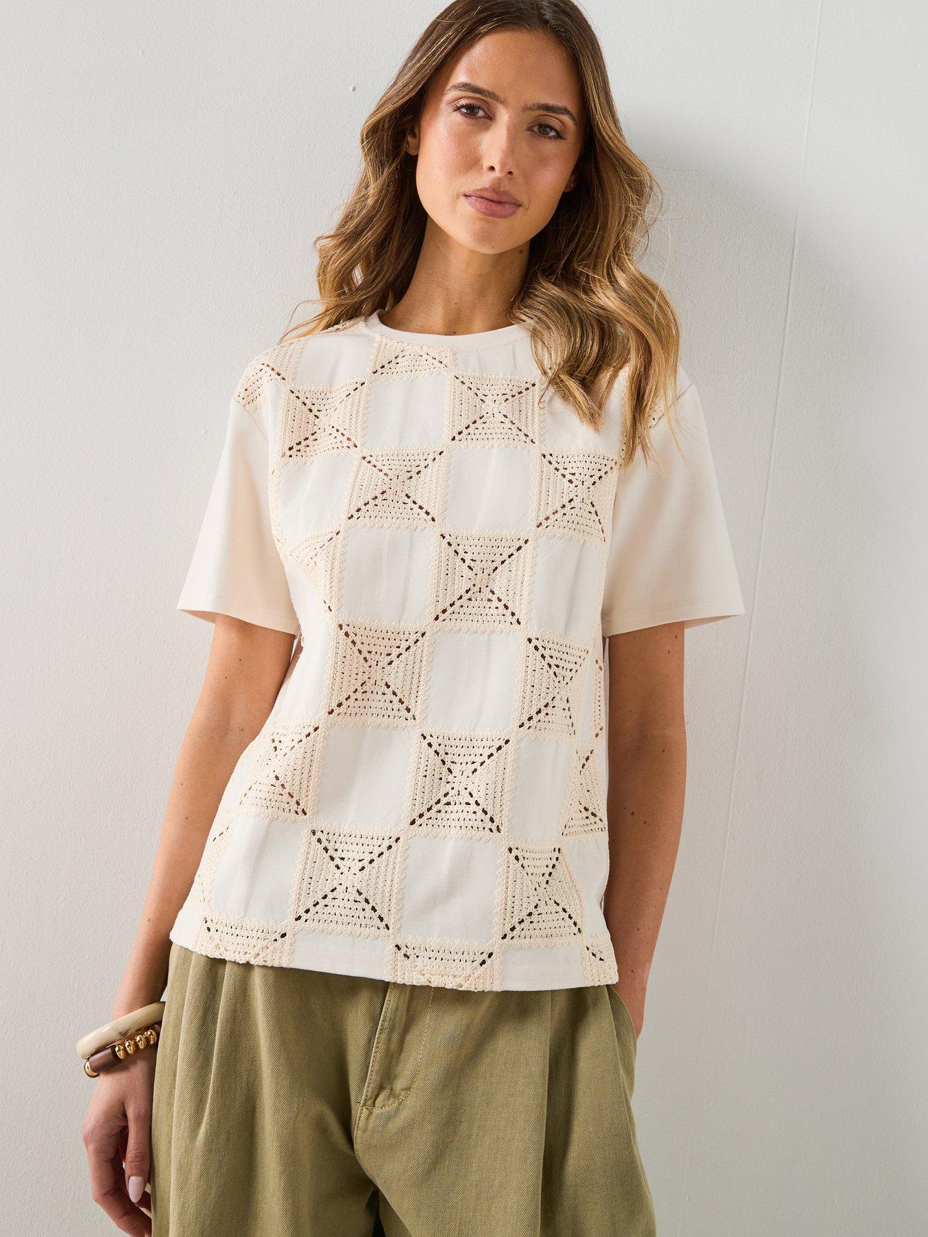 Image 1 of 6 of Mango Crochet Print T-Shirt - White
