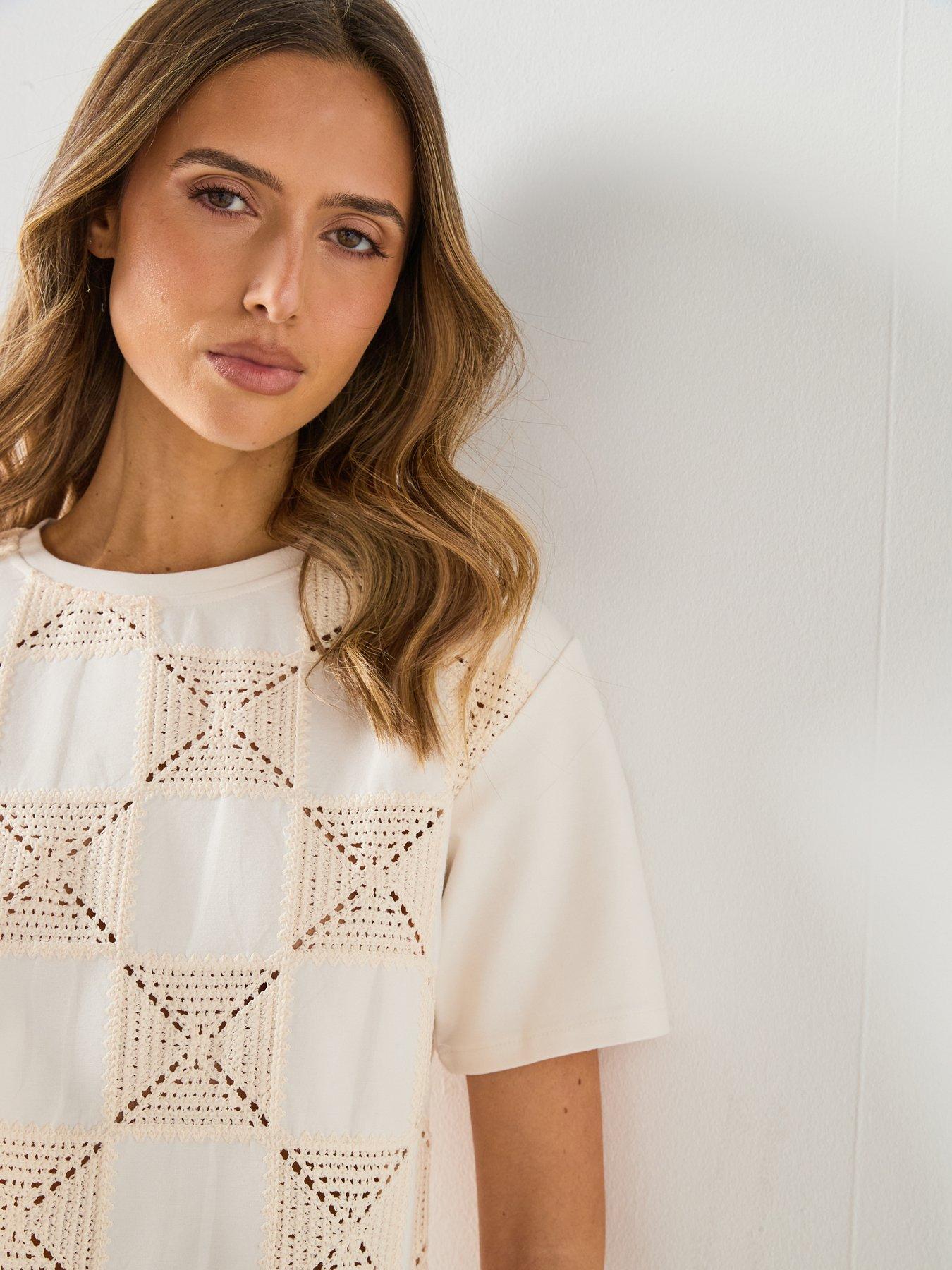 Image 4 of 6 of Mango Crochet Print T-Shirt - White