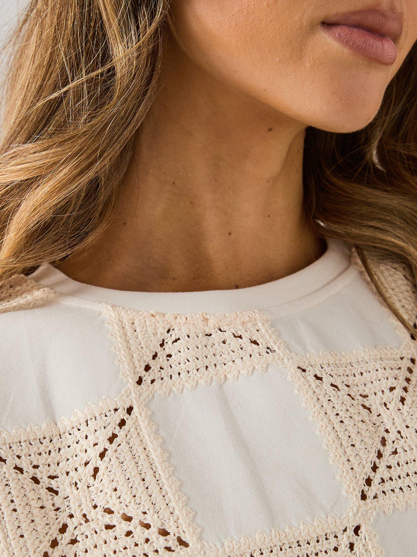 Image 6 of 6 of Mango Crochet Print T-Shirt - White