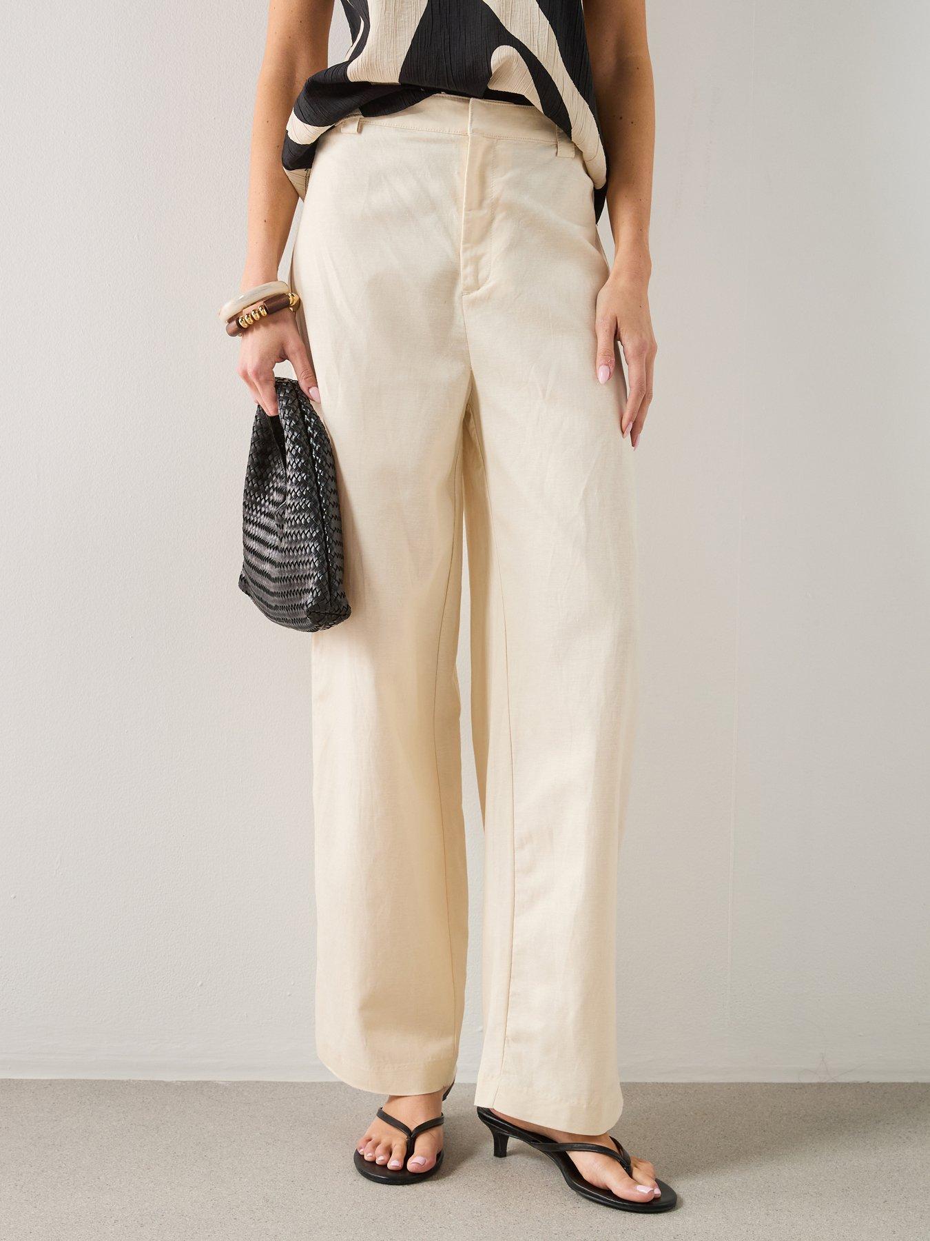 Mango Linen High-Waist Trousers - Cream - Beige