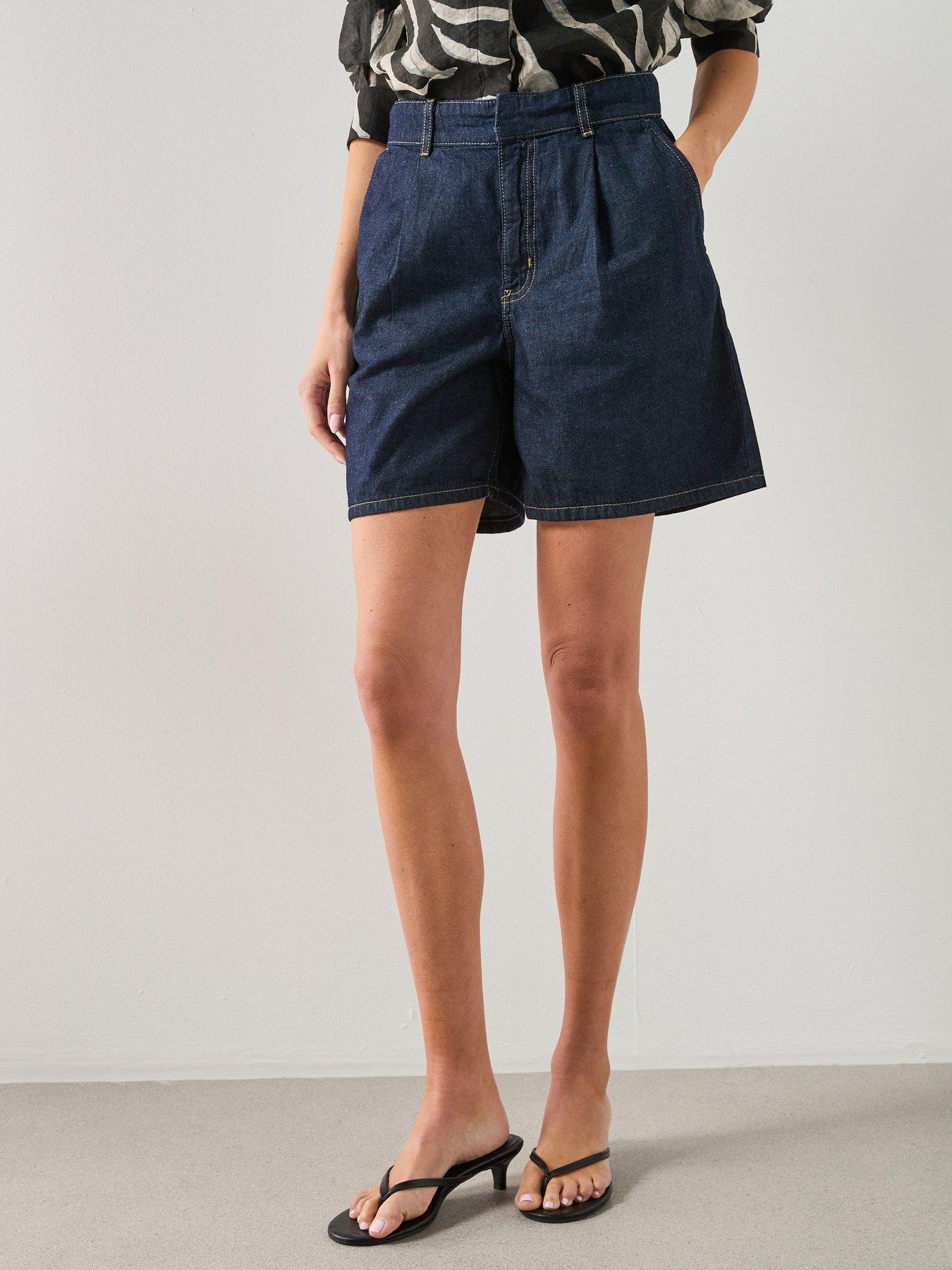 Mango Mid-Rise Denim Bermuda Shorts With Pleats - Blue