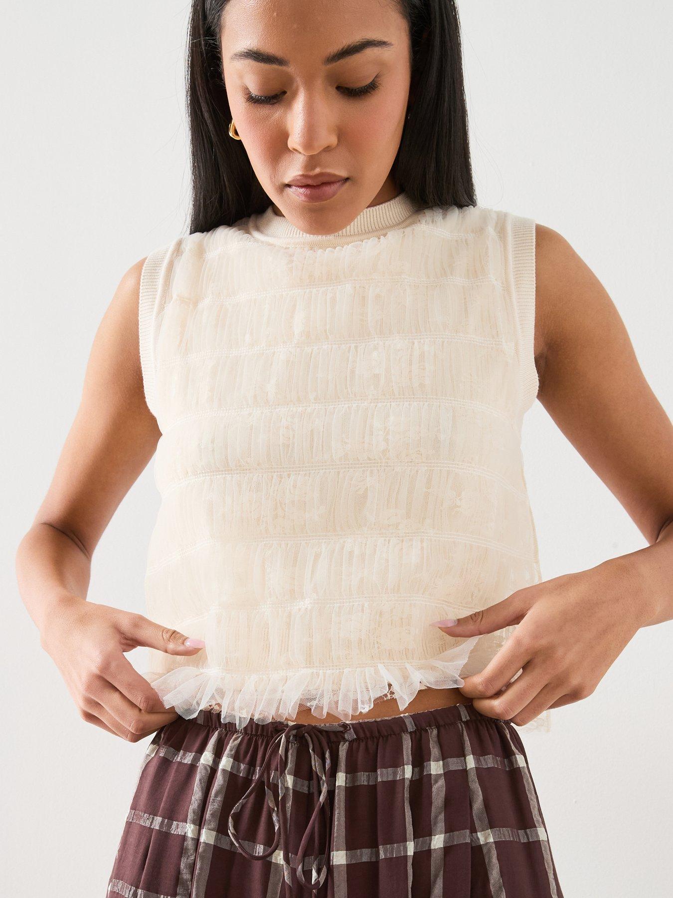 Mango Ruched Mixed Fabric Top - Cream
