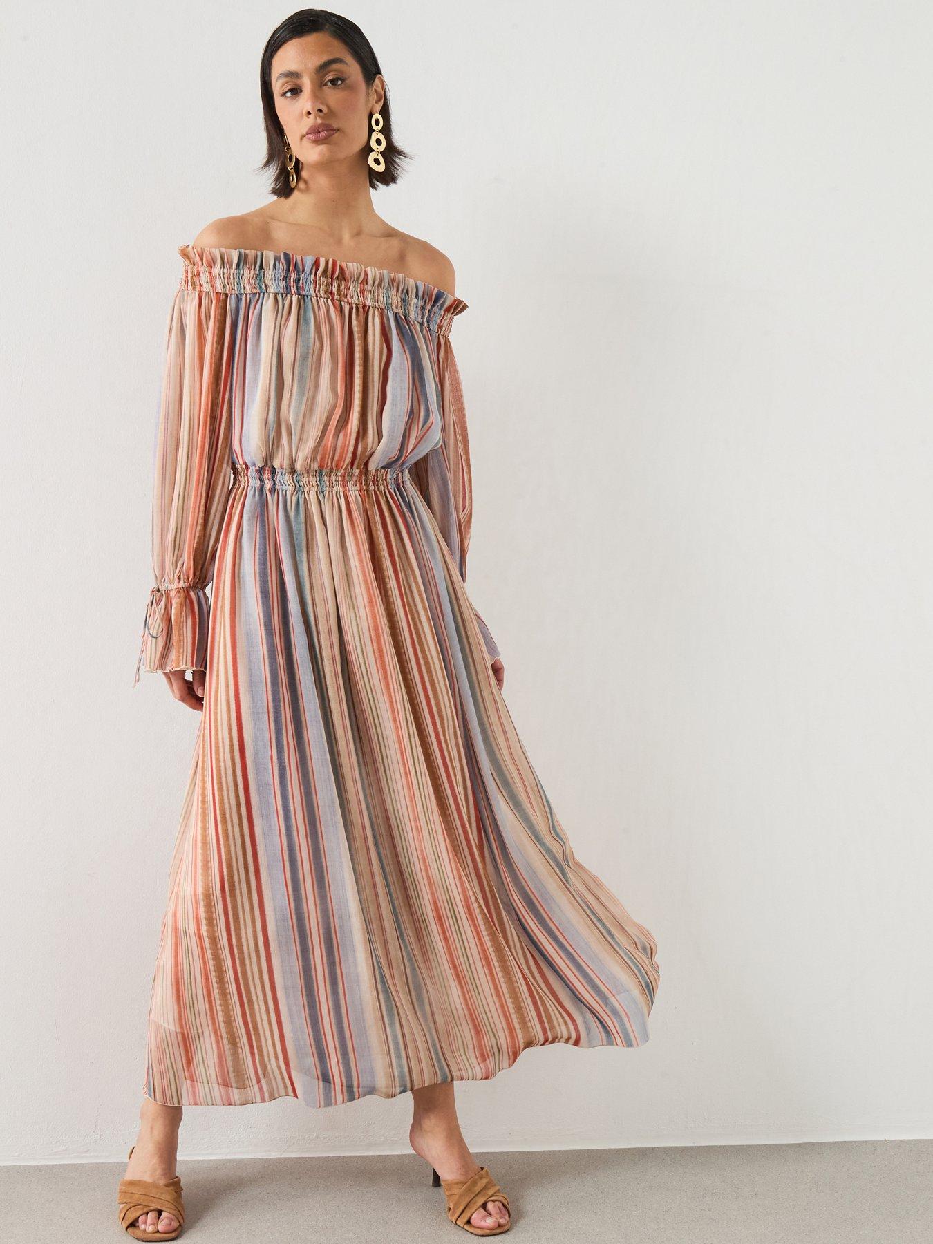 Mango Striped Strapless Dress - Cream - Beige