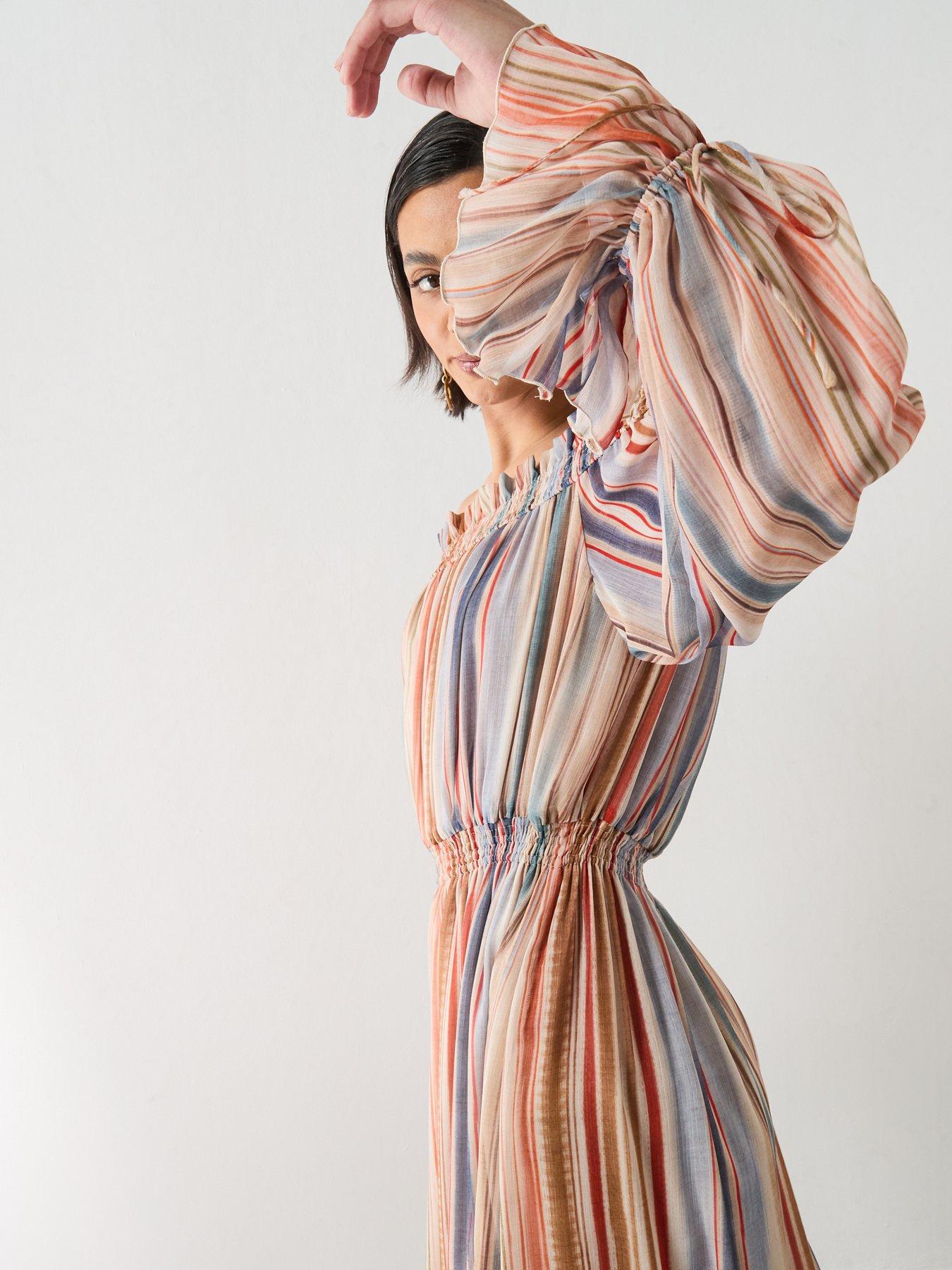 Image 4 of 6 of Mango Striped Strapless Dress - Cream - Beige