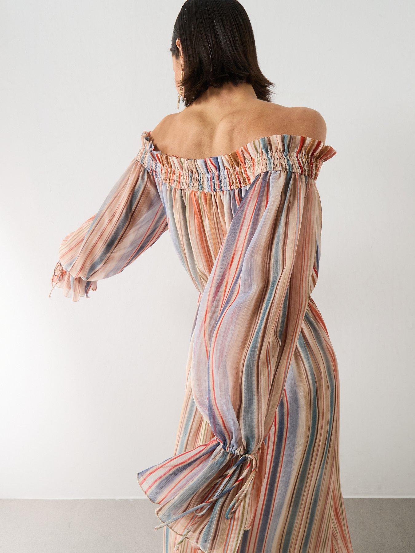 Image 5 of 6 of Mango Striped Strapless Dress - Cream - Beige