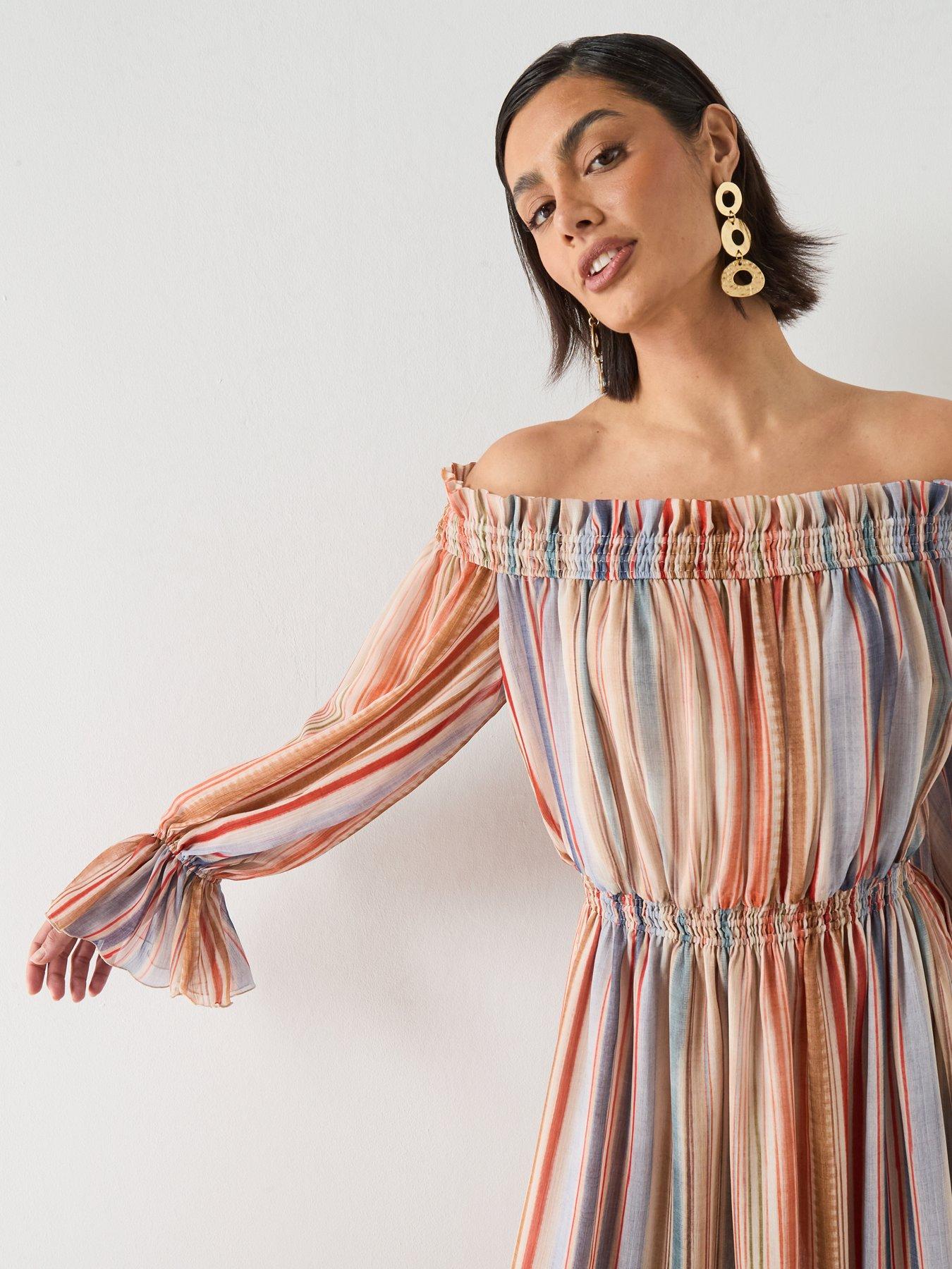 Image 6 of 6 of Mango Striped Strapless Dress - Cream - Beige