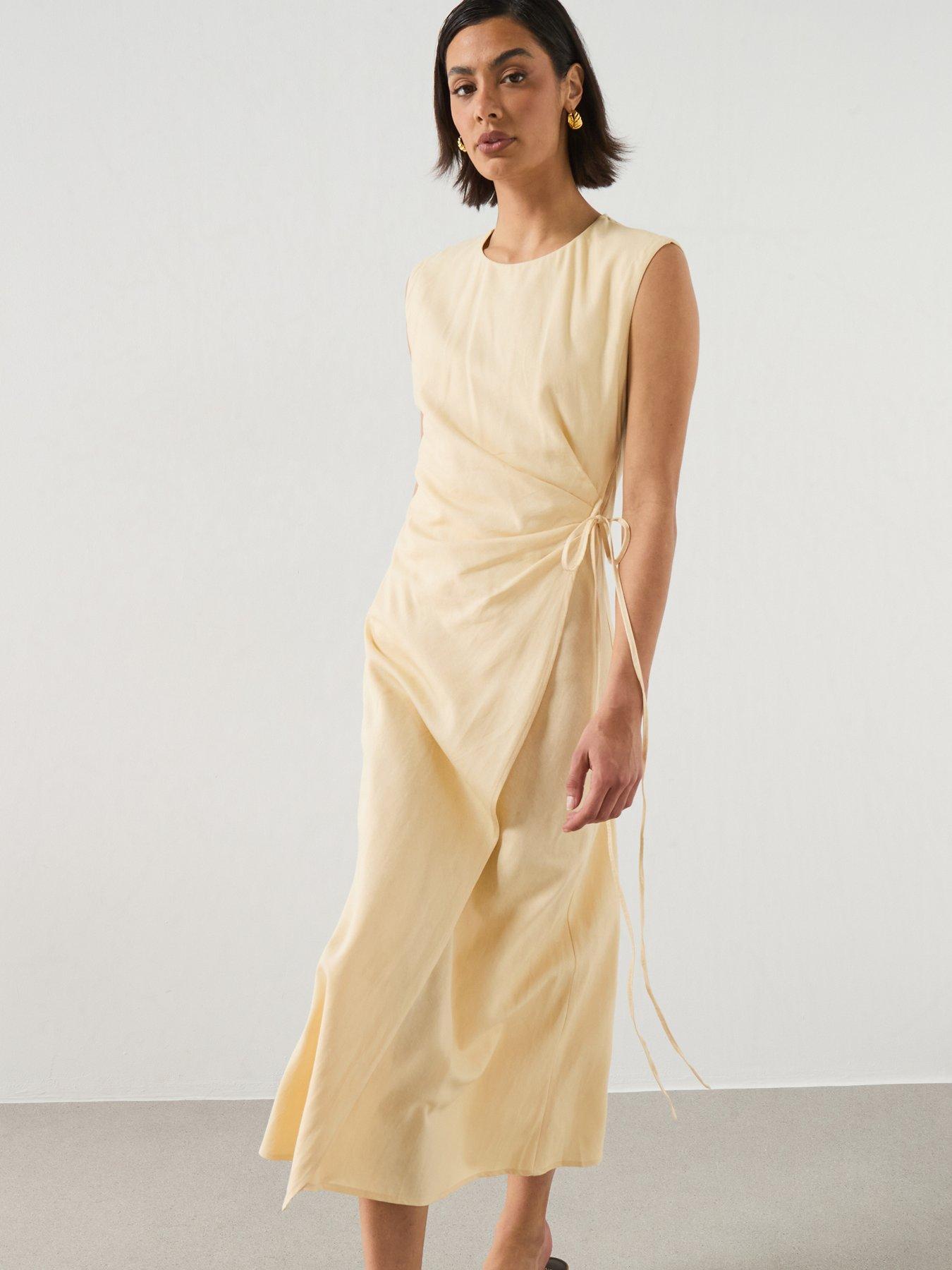 mango cream dresses MANGO - Textured Dress with draped neckline Beige
