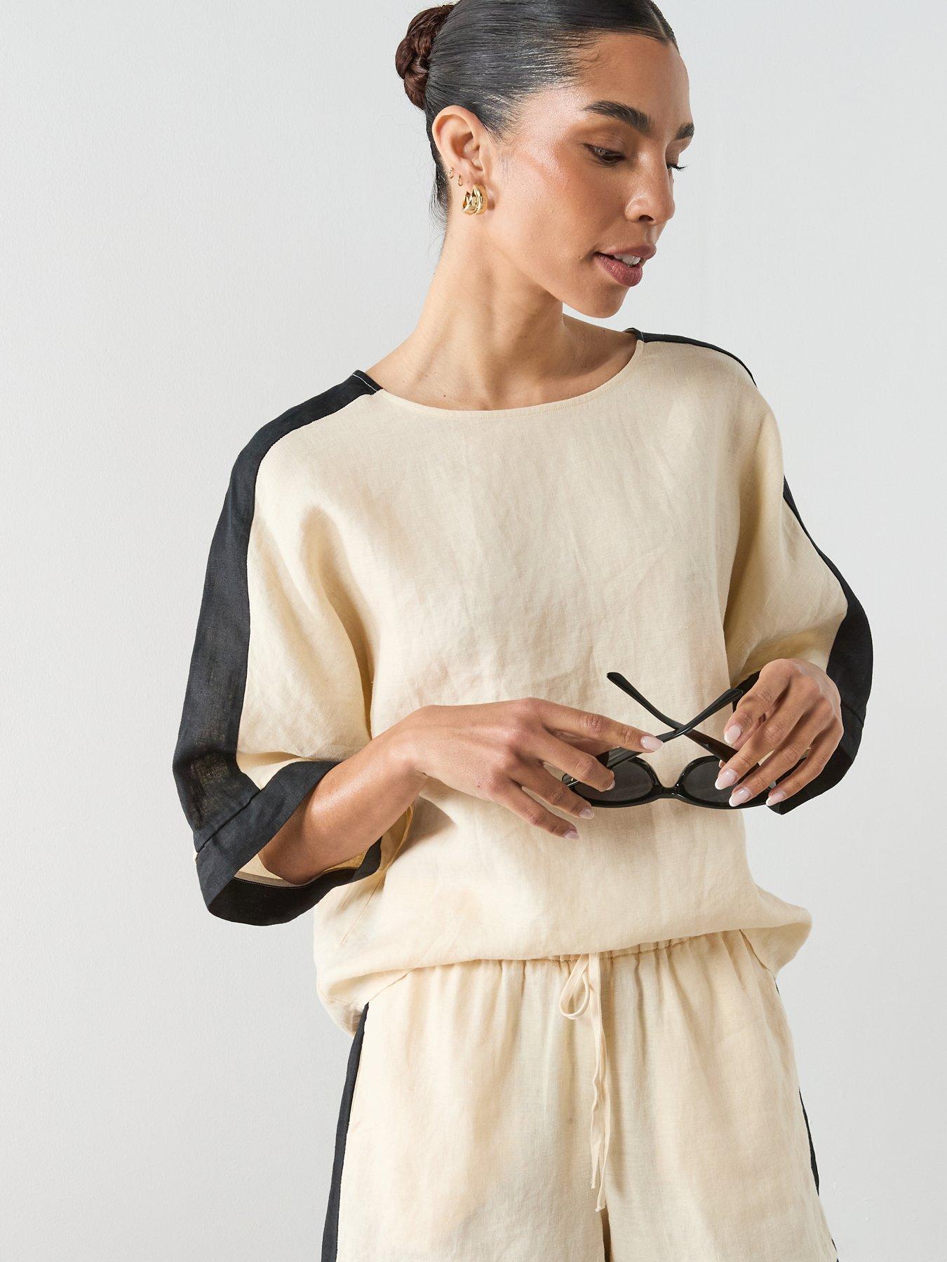 Image 4 of 6 of Mango Linen Blouse With Contrasting Stripes - Cream
