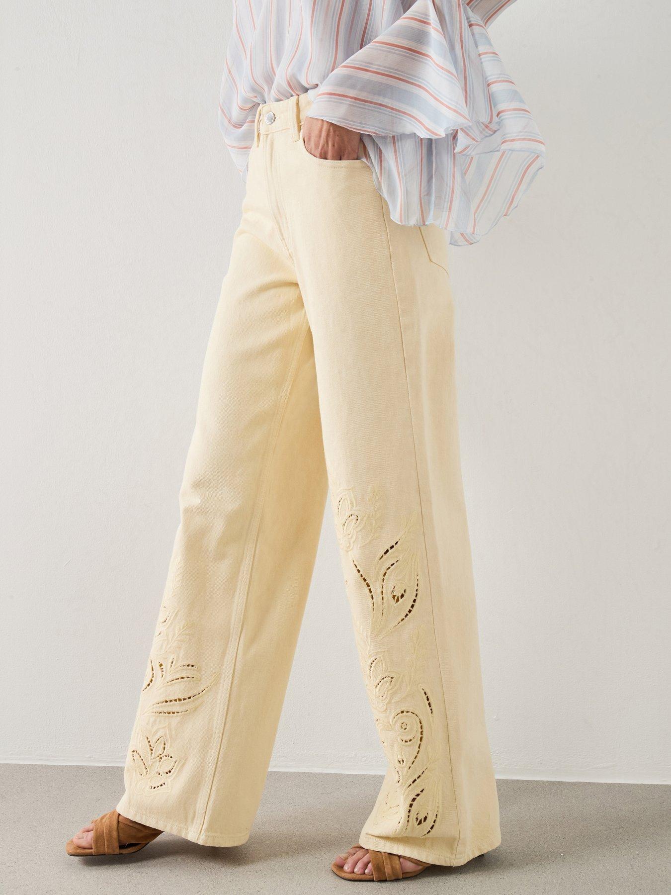 Image 1 of 6 of Mango Embroidered Cut-out Straight Jeans - Vanilla
