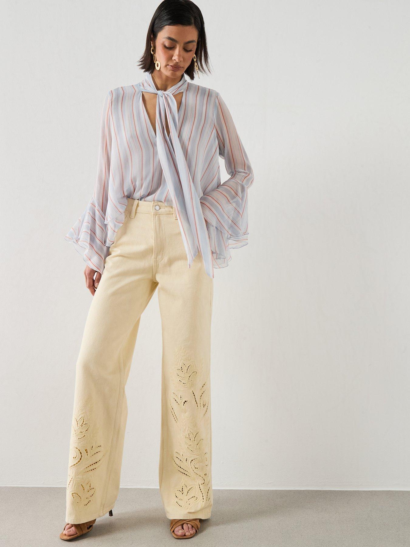 Image 3 of 6 of Mango Embroidered Cut-out Straight Jeans - Vanilla