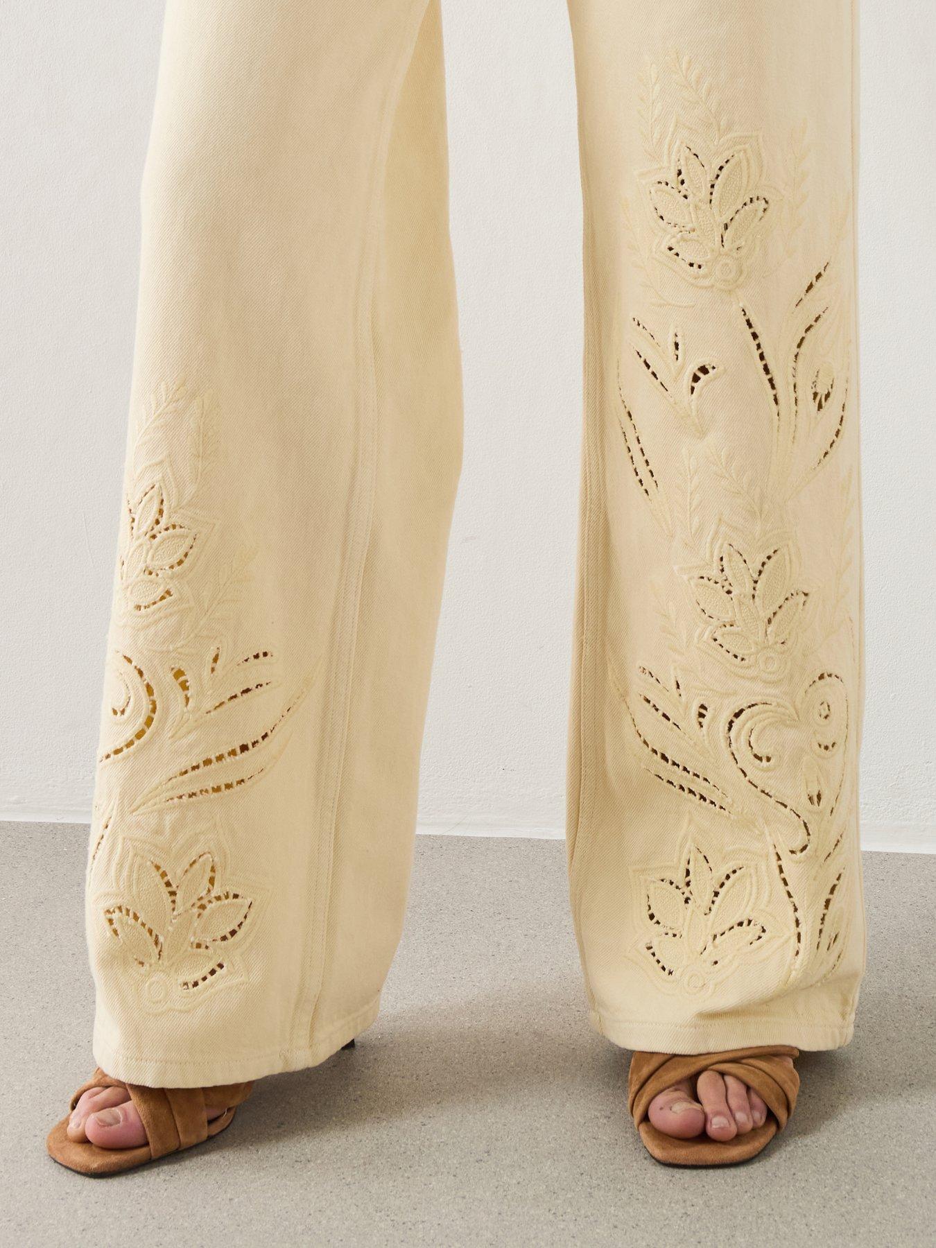 Image 4 of 6 of Mango Embroidered Cut-out Straight Jeans - Vanilla