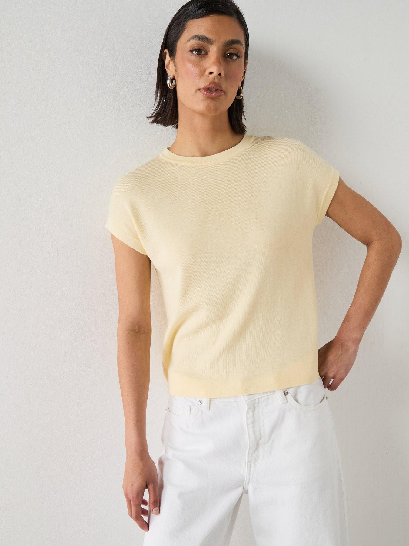 Image 1 of 6 of Mango Short-Sleeved Knitted Cotton Sweater - Yellow