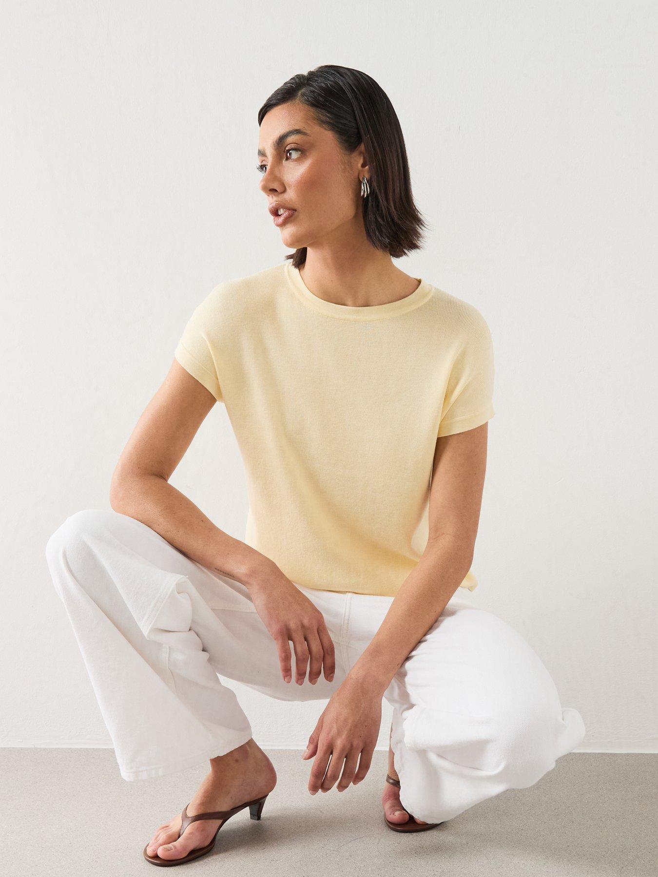 Image 4 of 6 of Mango Short-Sleeved Knitted Cotton Sweater - Yellow